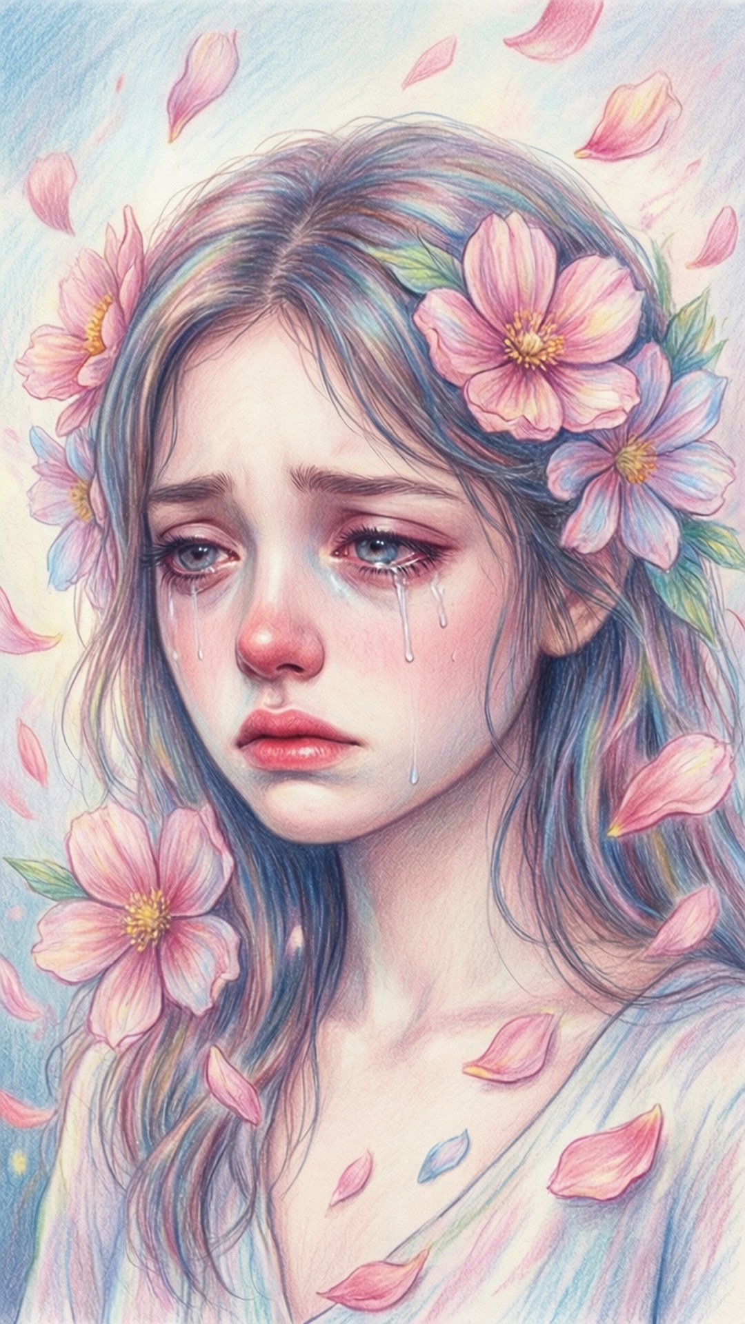 Flower Crown Tears 壁紙 — 一位悲傷的年輕女子，淚眼汪汪，頭髮上插著粉紅色的花朵，花瓣在她周圍飄落。