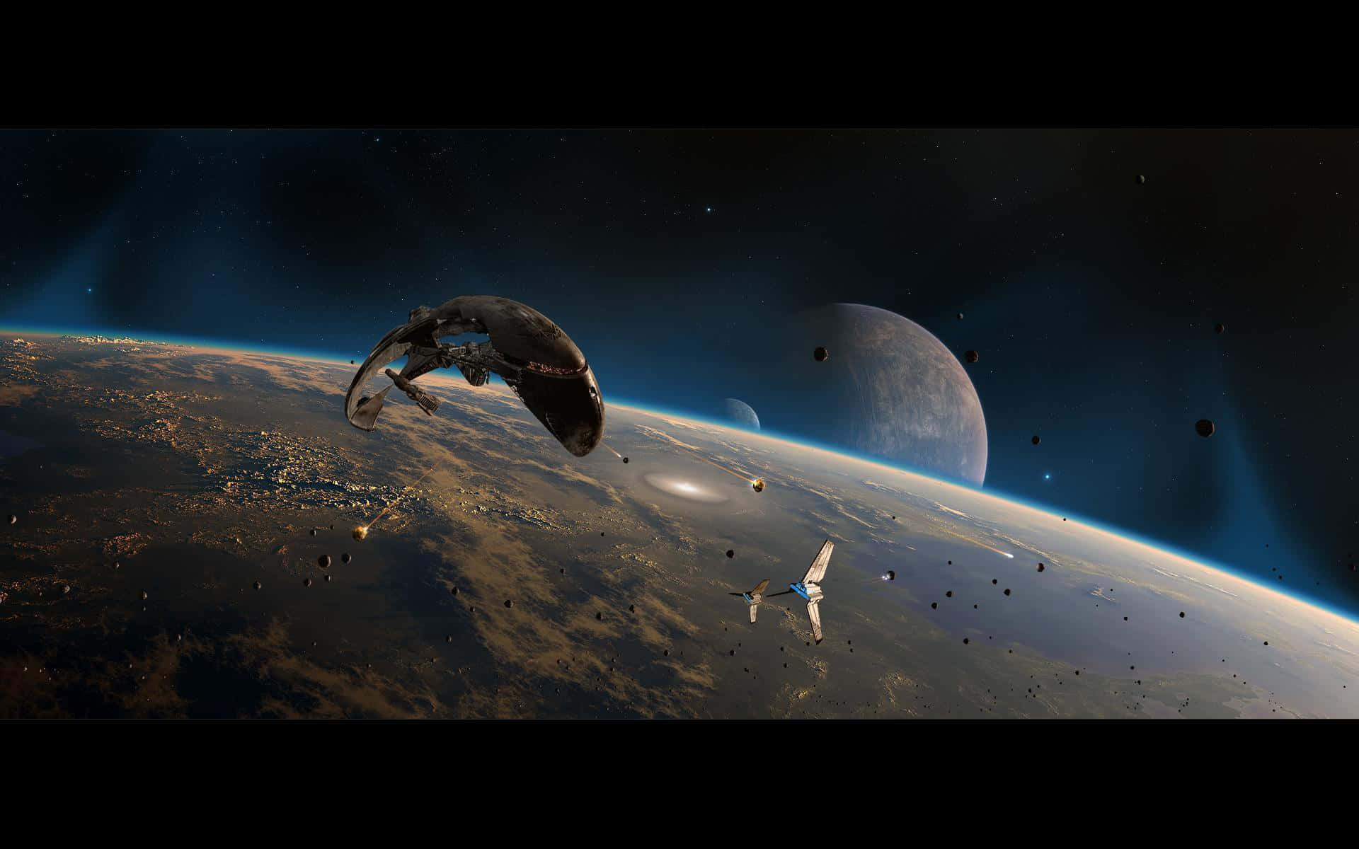  壁紙 — 一艘太空船飛過一顆發光的行星，遠處有月亮，在星空下。