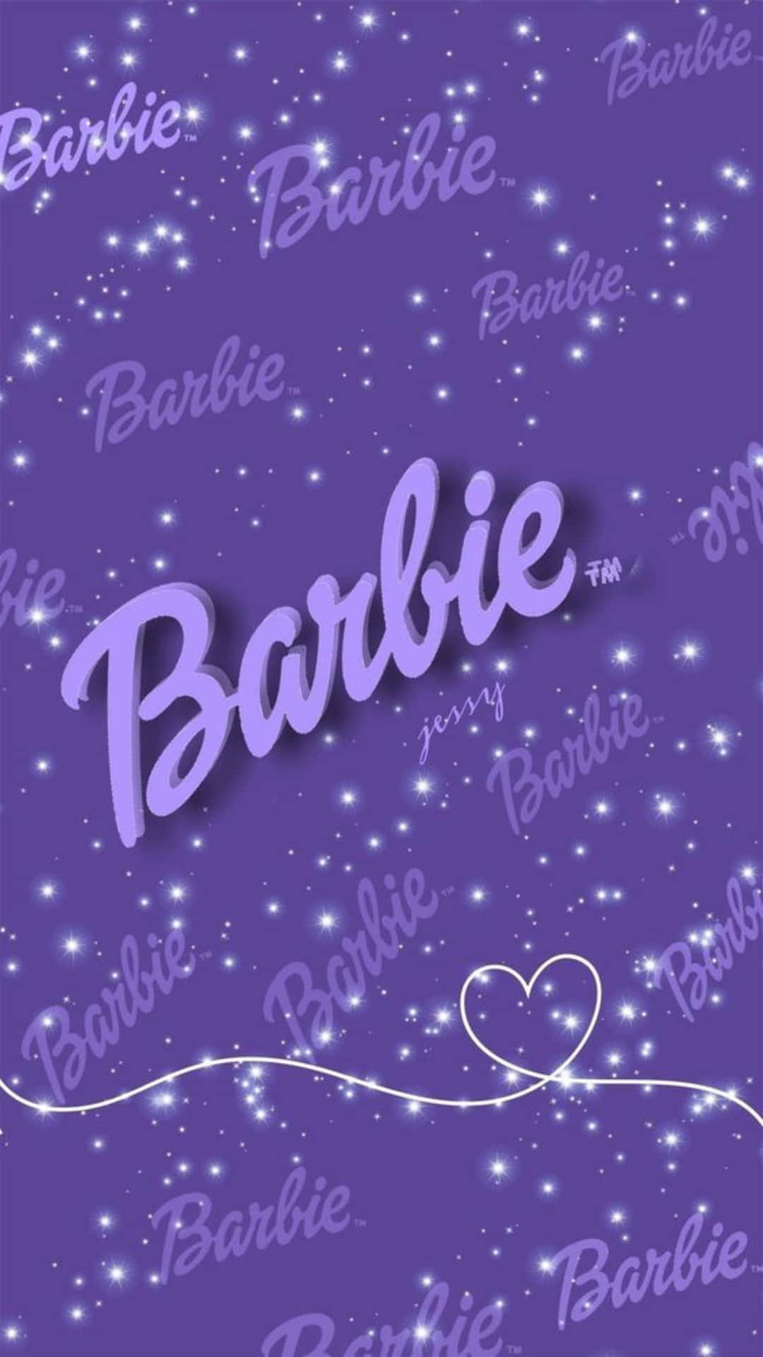  壁紙 — 一張閃閃發光的紫色壁紙，上面有發光草書字體的「Barbie」字樣，周圍環繞著星星和心形輪廓。
