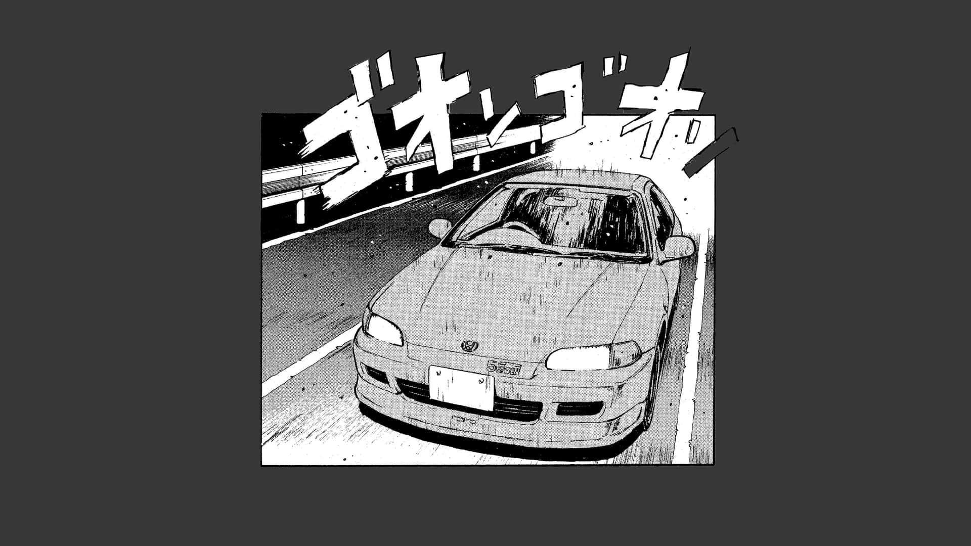  壁紙 — 一輛高速跑車在雨中高速公路奔馳，帶有動態運動線條和日語擬聲詞的漫畫格。