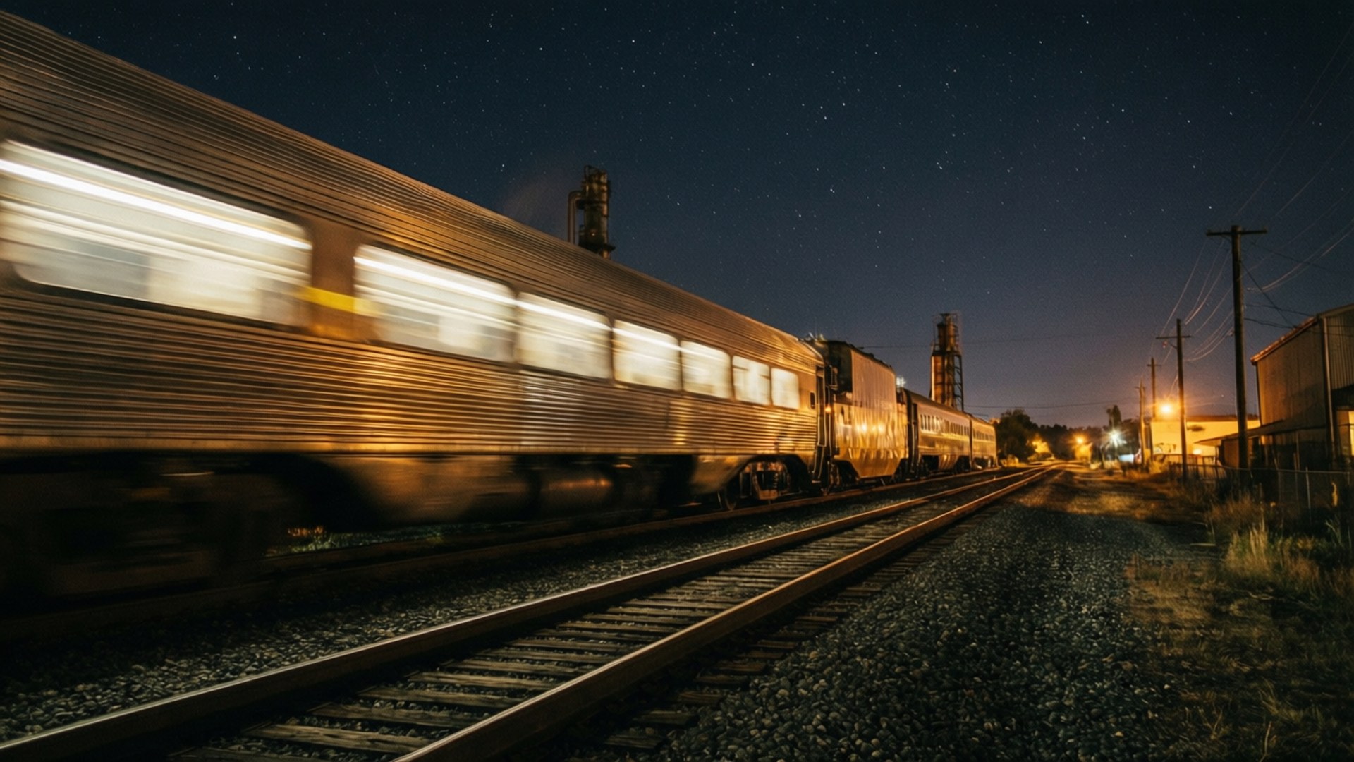 Midnight Train to Winslow 壁紙 — 一列高速行駛的火車在星空下沿著工業建築附近的碎石軌道疾馳而過。