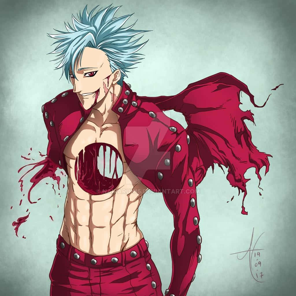Seven Deadly Sins Ban 桌布 壁紙 — 一個藍色尖刺頭髮的動漫男人，穿著破爛的紅色衣服，微笑著，血從他的嘴和胸口滴落。