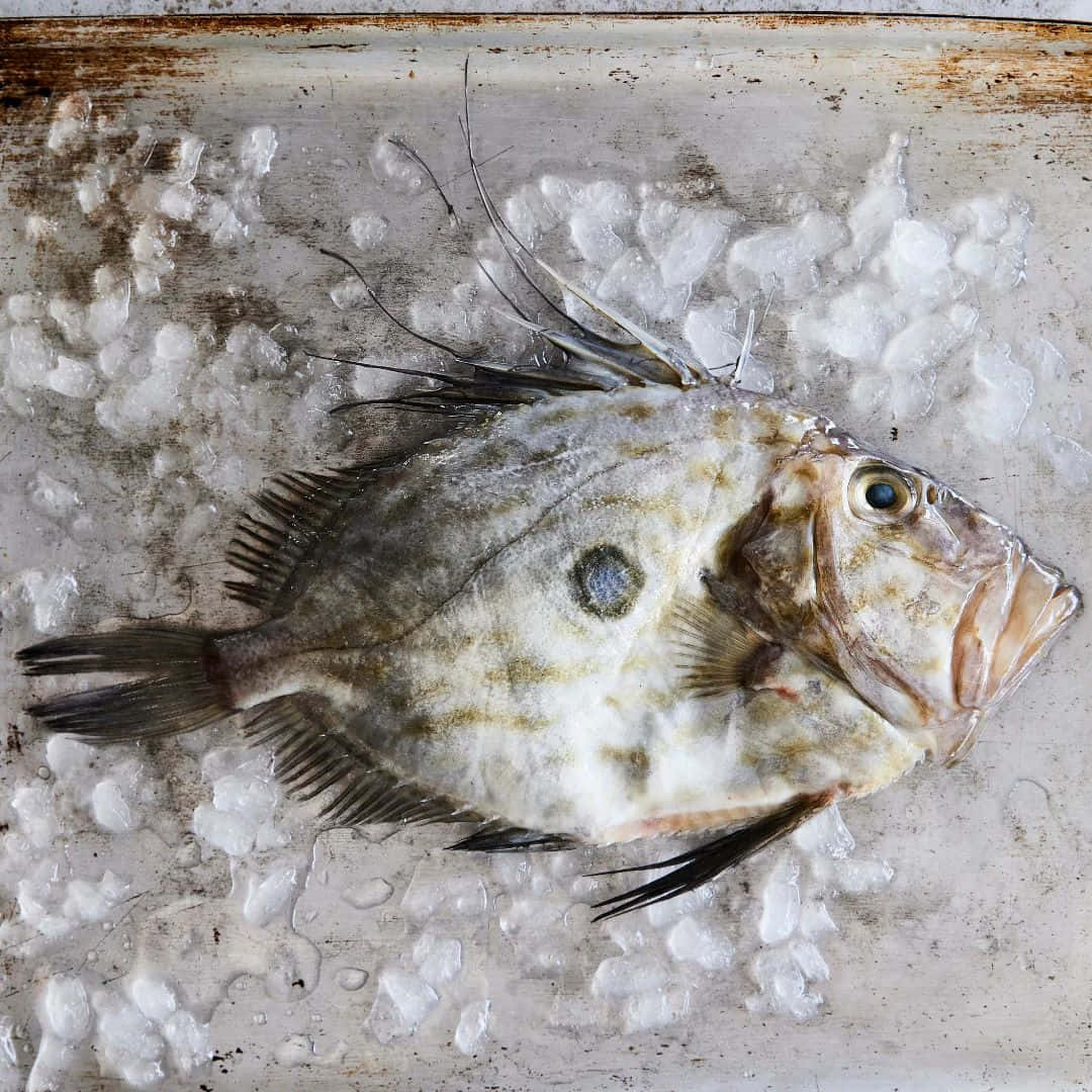 壁紙 — 一條有藍色斑點的刺魚放在一個經風化的金屬托盤上的碎冰上。