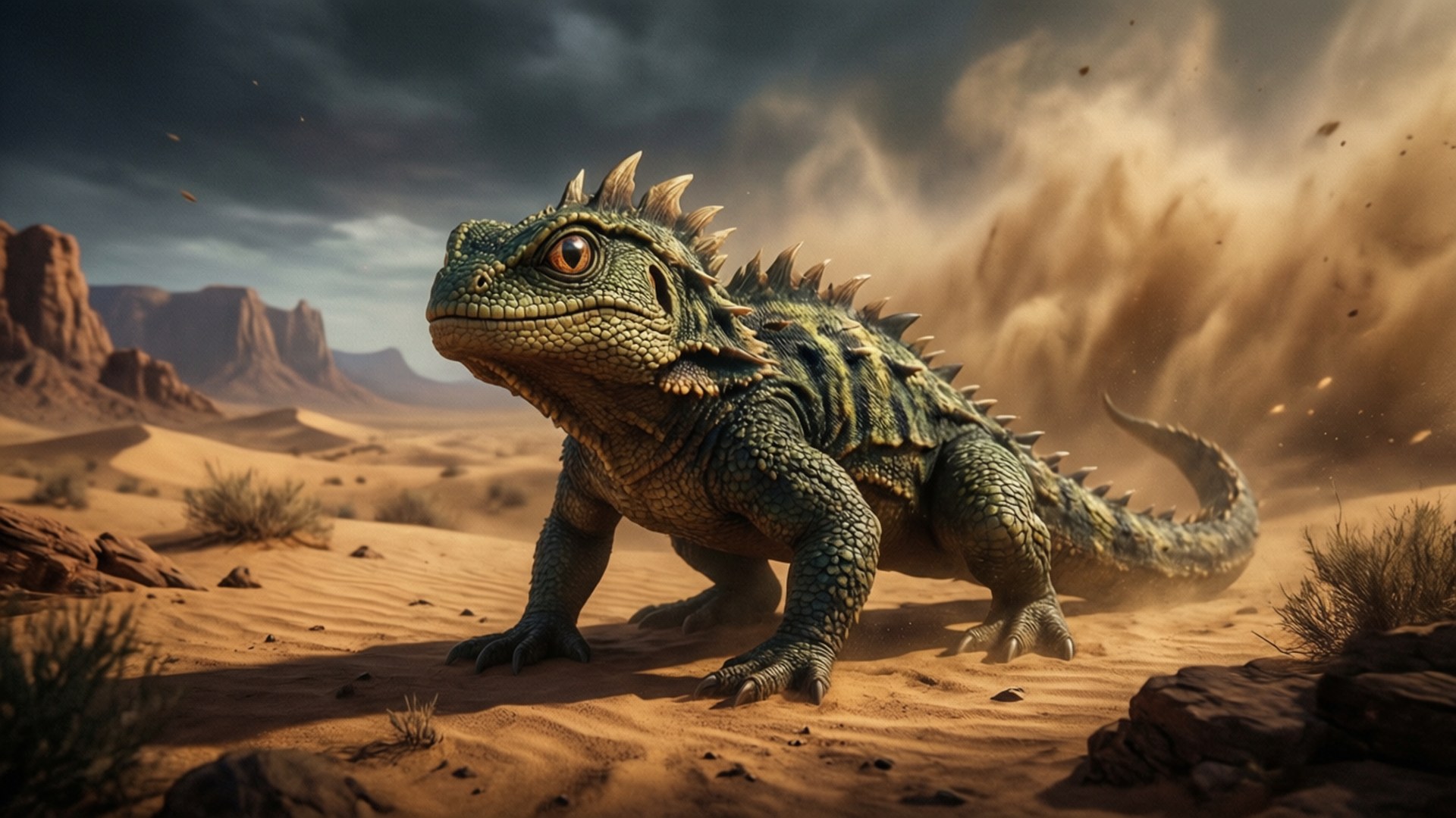 Desert Reptile Axie 壁紙 — 一隻帶刺的綠色裝甲蜥蜴穿過沙漠，身後沙塵暴在暴風雨的天空下旋轉。