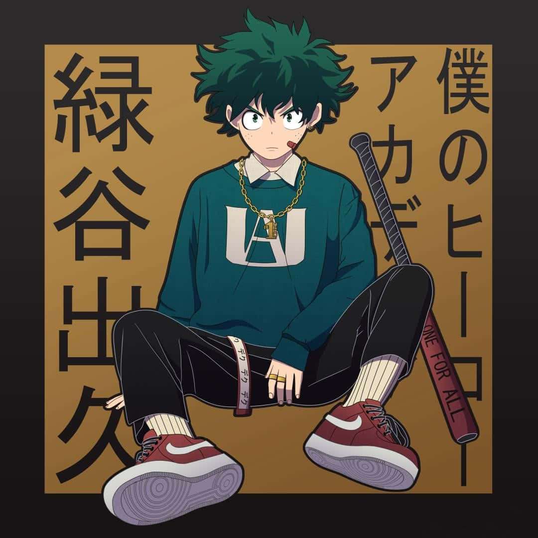  壁紙 — 一個綠色尖刺頭髮的動漫男孩，穿著青綠色運動衫，盤腿坐著，手持球棒，身後有日文字。