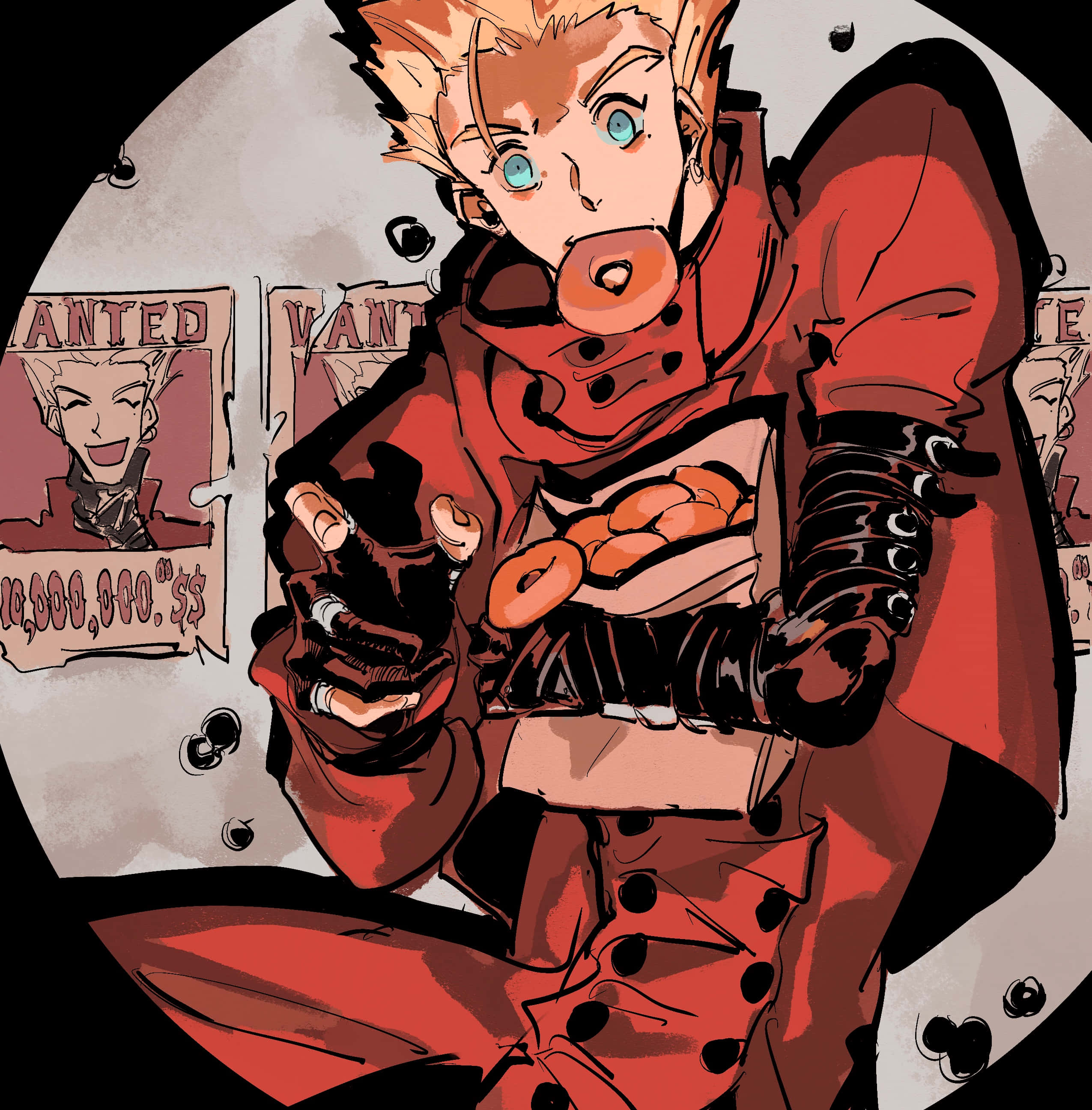 Vash The Stampede 桌布 壁紙 — 一個頭髮尖刺的動漫角色穿著紅色外套，拿著甜甜圈，周圍是通緝海報。