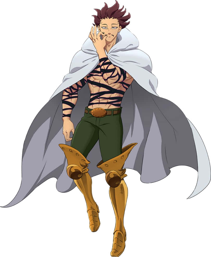 Seven Deadly Sins Monspeet 桌布 壁紙 — 一個頭髮尖刺的動漫戰士，軀幹纏著黑色繃帶，灰色斗篷下露出金色護脛。