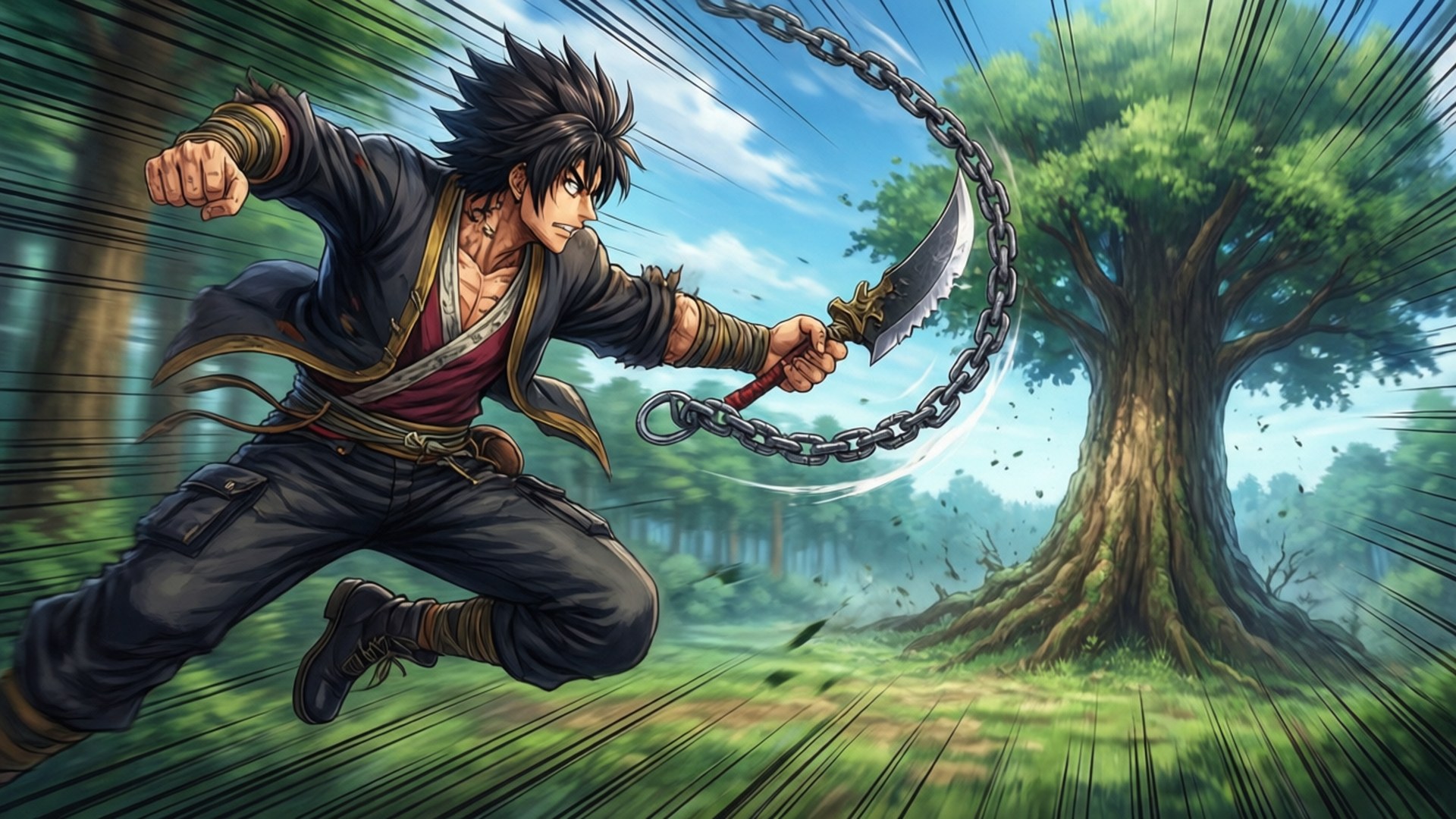Raizo 桌布 壁紙 — 一位頭髮尖刺的戰士跳躍穿過森林，揮舞著鏈劍，運動線條強調速度。