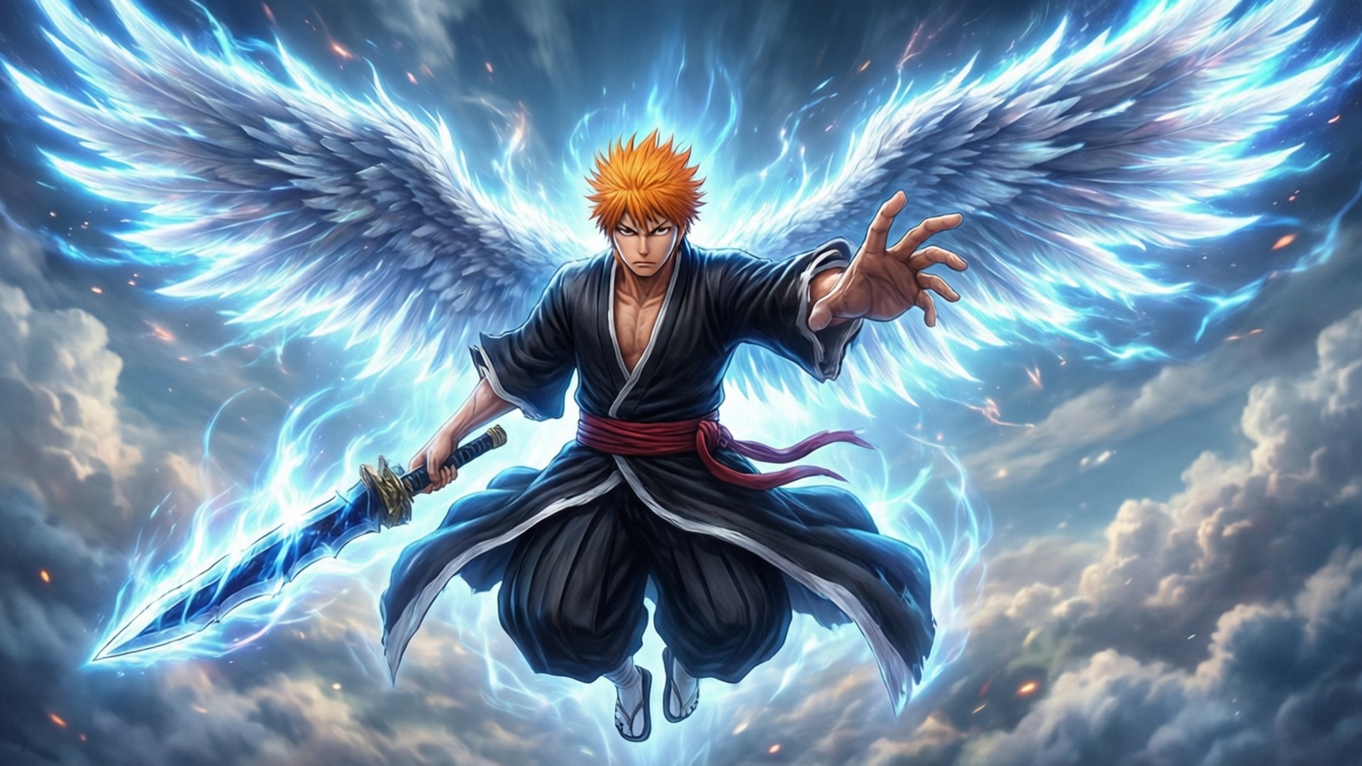 Energy Wings Bankai 壁紙 — 一個橙色尖髮的戰士，擁有發光的藍色天使翅膀，在暴風雨中漂浮，揮舞著閃電強化的劍。