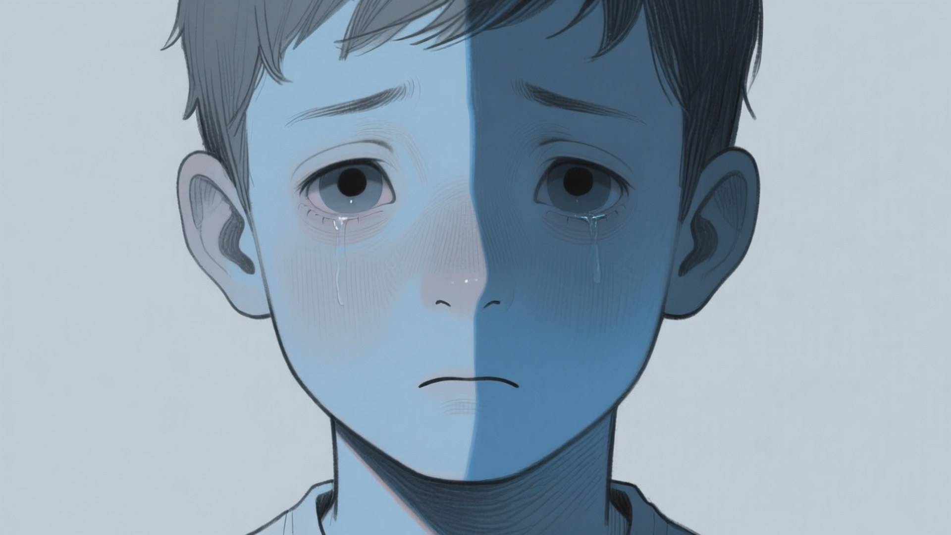 Hollow Gaze 壁紙 — 一個分裂臉的動漫男孩在淡藍色背景上哭泣，每邊有一滴眼淚。