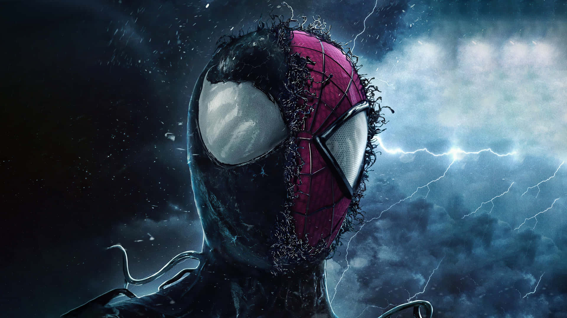 Spider-man Reign 桌布 壁紙 — 一個半邊臉的蜘蛛人，身穿半黑半紅戰衣，站在雷電交加的暴風雨天空下。