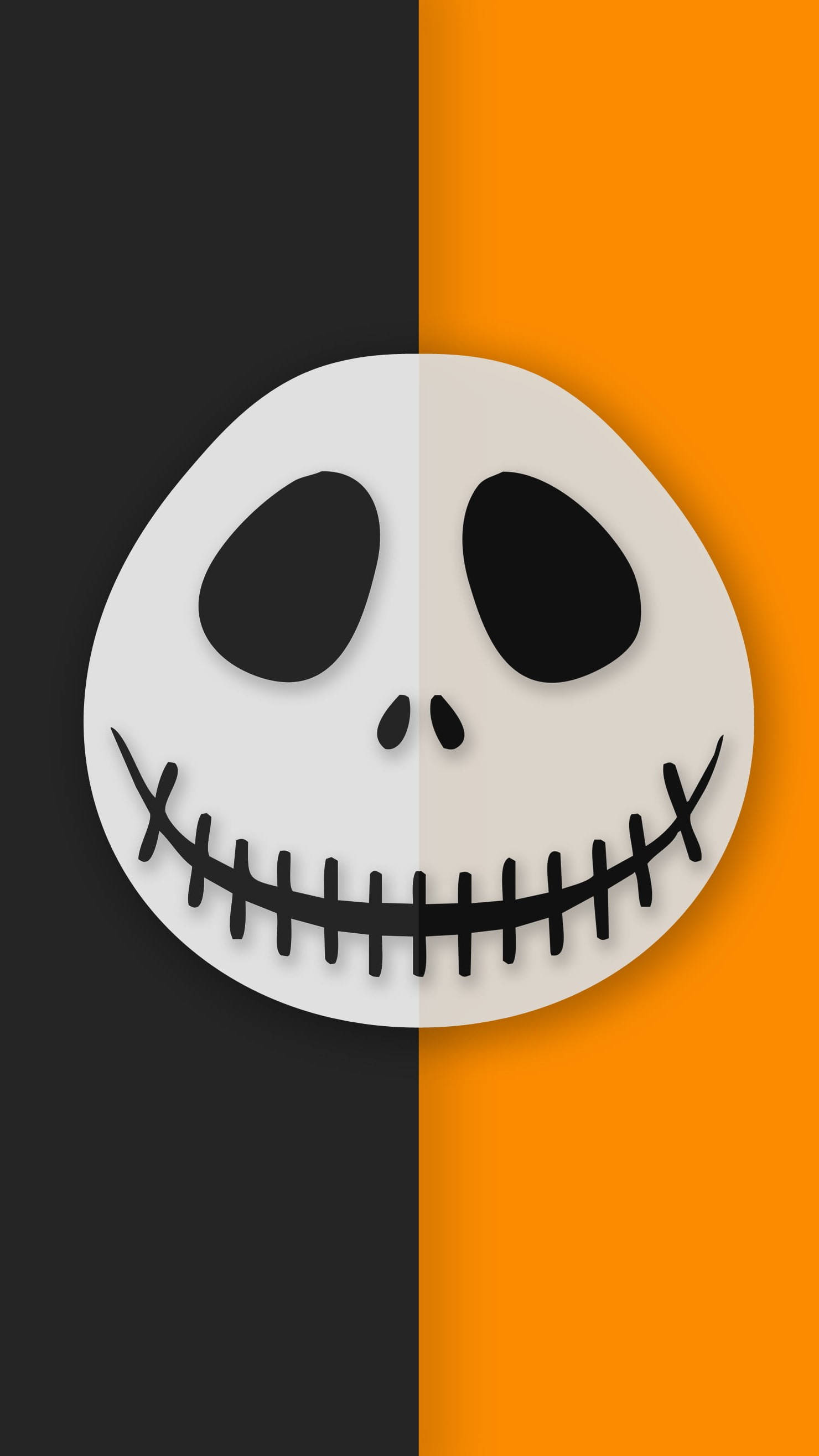 傑克·史克林頓 桌布 壁紙 — Jack Skellington 的臉孔以分割畫面顯示，一半黑色一半橙色，背景對比鮮明。