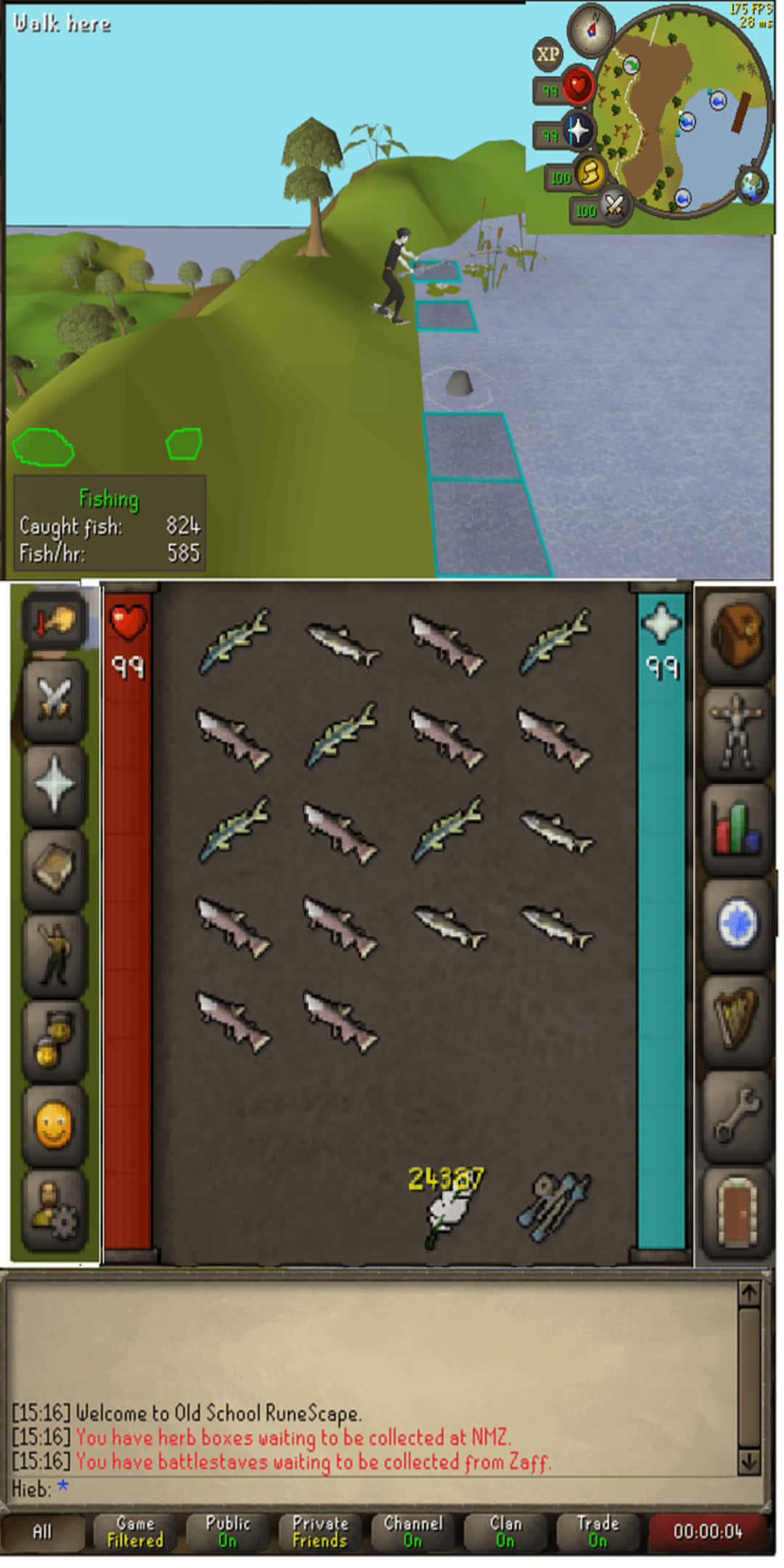 Pixel 3 桌布 壁紙 — Old School RuneScape 的分割畫面視圖，顯示玩家在草地上釣魚和裝滿魚的庫存。