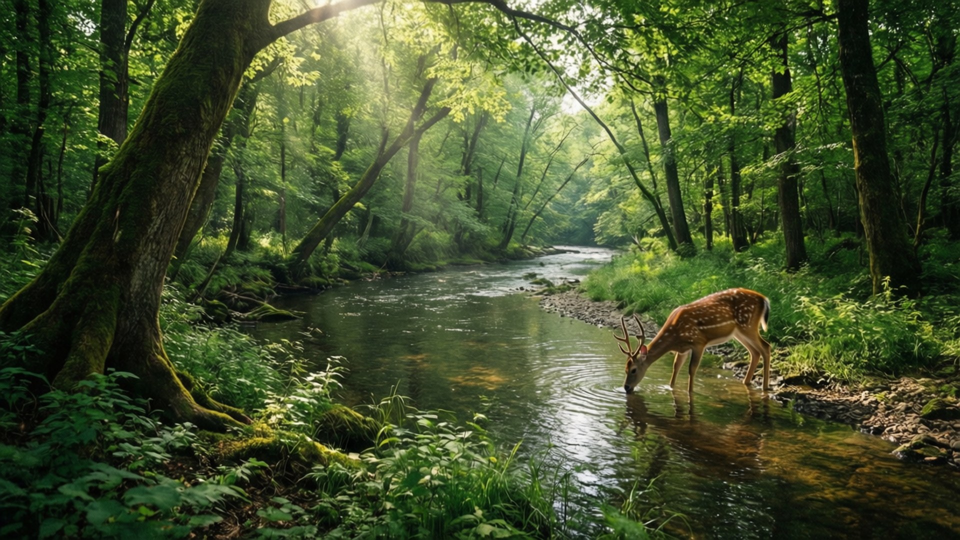 Enchanted Forest River 壁紙 — 一隻斑點鹿從一條陽光普照的小溪中飲水，小溪蜿蜒穿過長滿苔蘚樹木的茂密綠色森林。