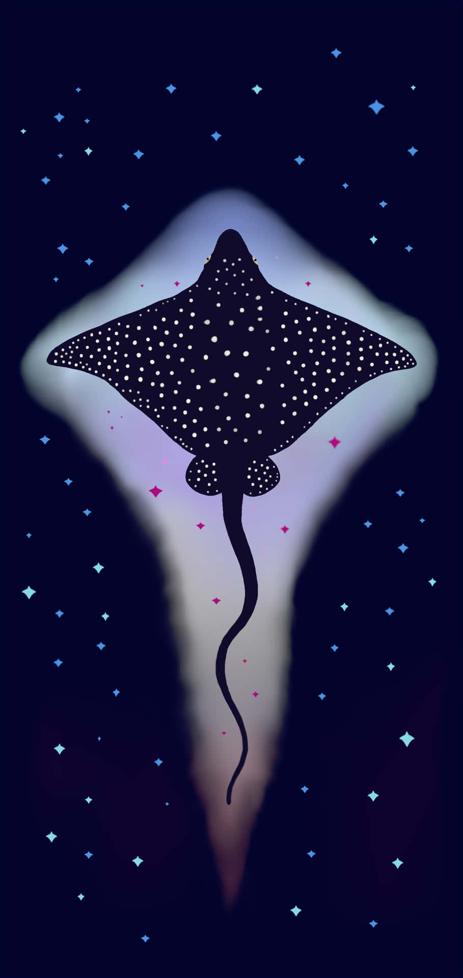  壁紙 — 一條斑點鷹魟在點綴著發光星星和粉紅色閃光的深藍色水中滑行。