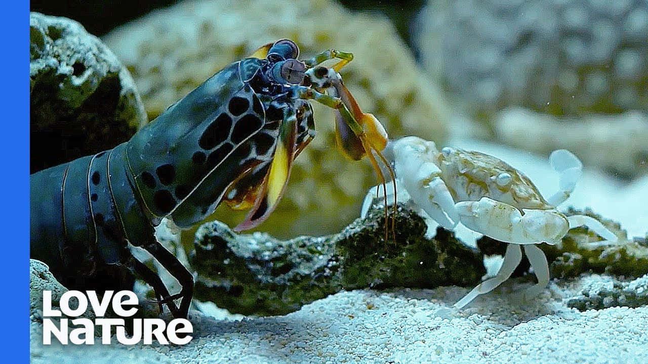 Peacock Mantis Shrimp 桌布 壁紙 — 一隻斑點螳螂蝦在珊瑚附近的沙質海床上，用鮮豔的爪子撲向一隻小螃蟹。