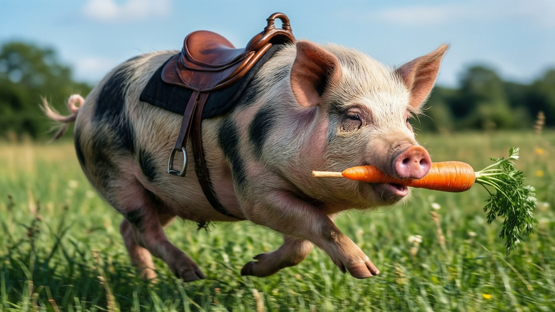 Pig Racing Meme 壁紙 — 一隻帶有鞍的斑點豬在藍天下穿過草地，嘴裡叼著胡蘿蔔。