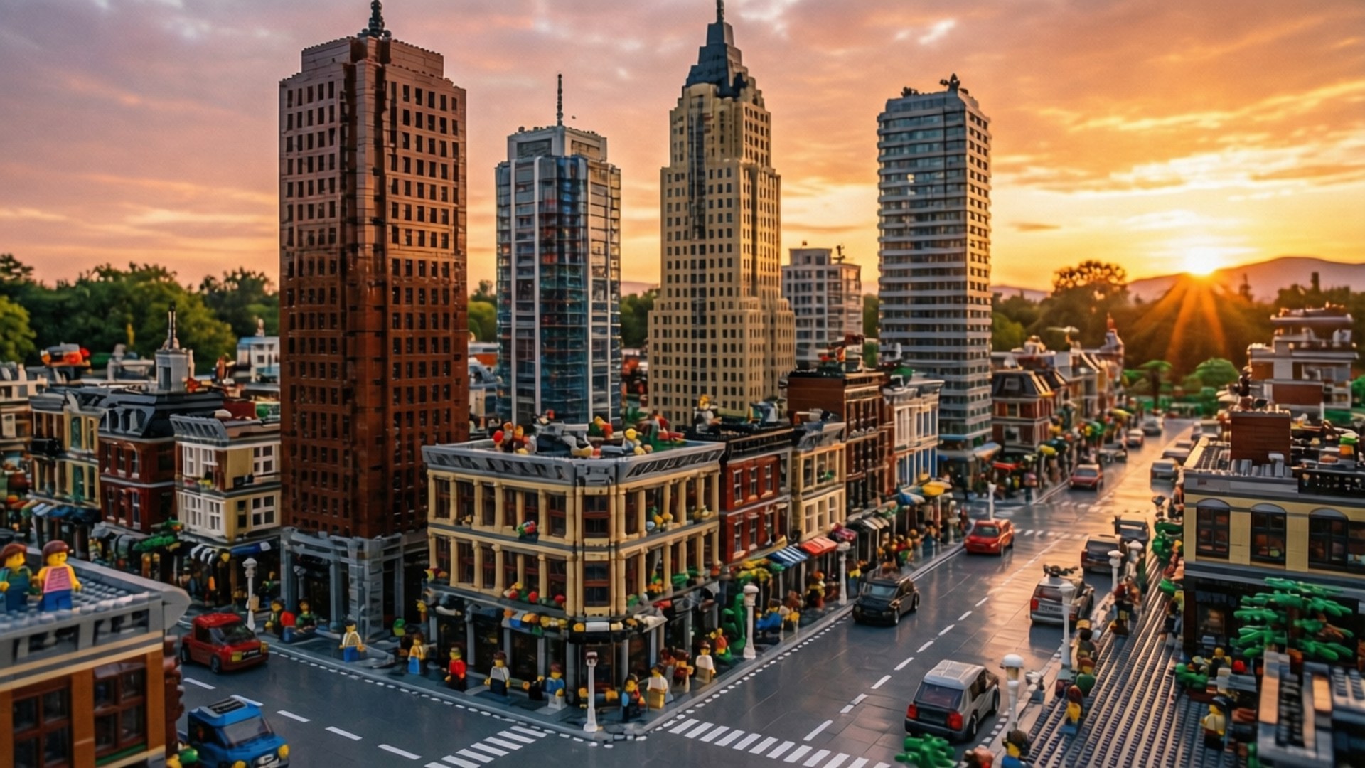 Sunset Lego Cityscape 壁紙 — 廣闊的LEGO城市景觀，沐浴在金色的日落光芒中，高聳的摩天大樓和繁忙的街道上擠滿了微小的迷你人偶和汽車。
