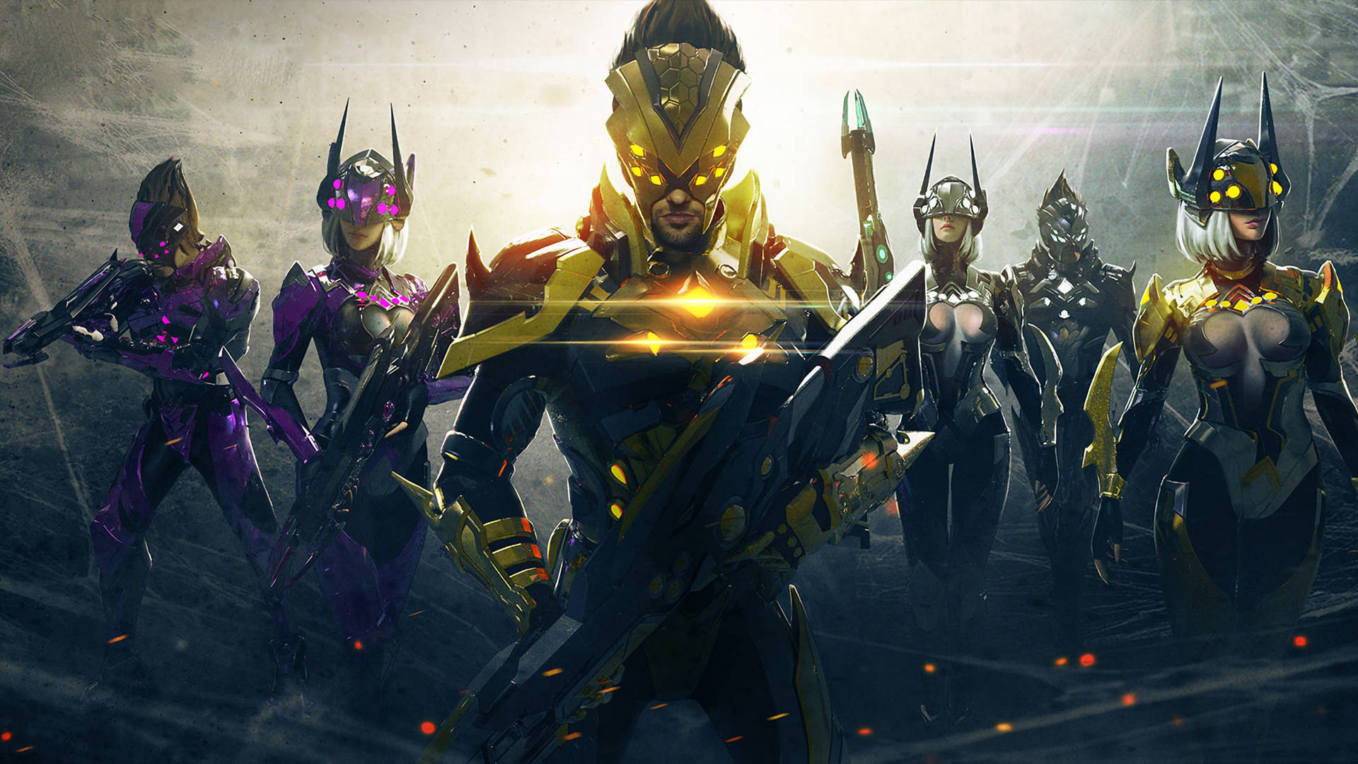身穿金色和紫色盔甲的未來戰士以備戰陣型站立。 — Free Fire 壁紙