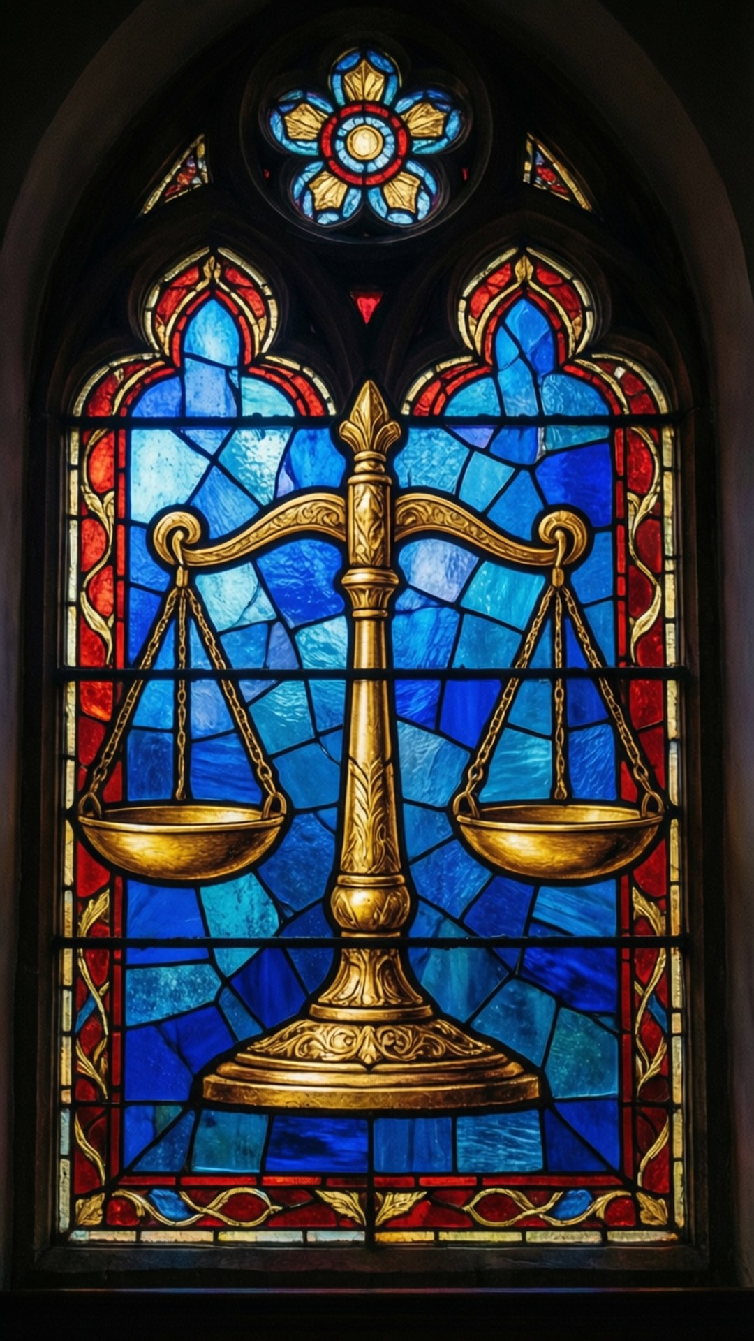Stained Glass Libra 壁紙 — 彩繪玻璃窗描繪了一個金色的正義天秤，居中於充滿活力的藍色和紅色背景，帶有花卉圖案。