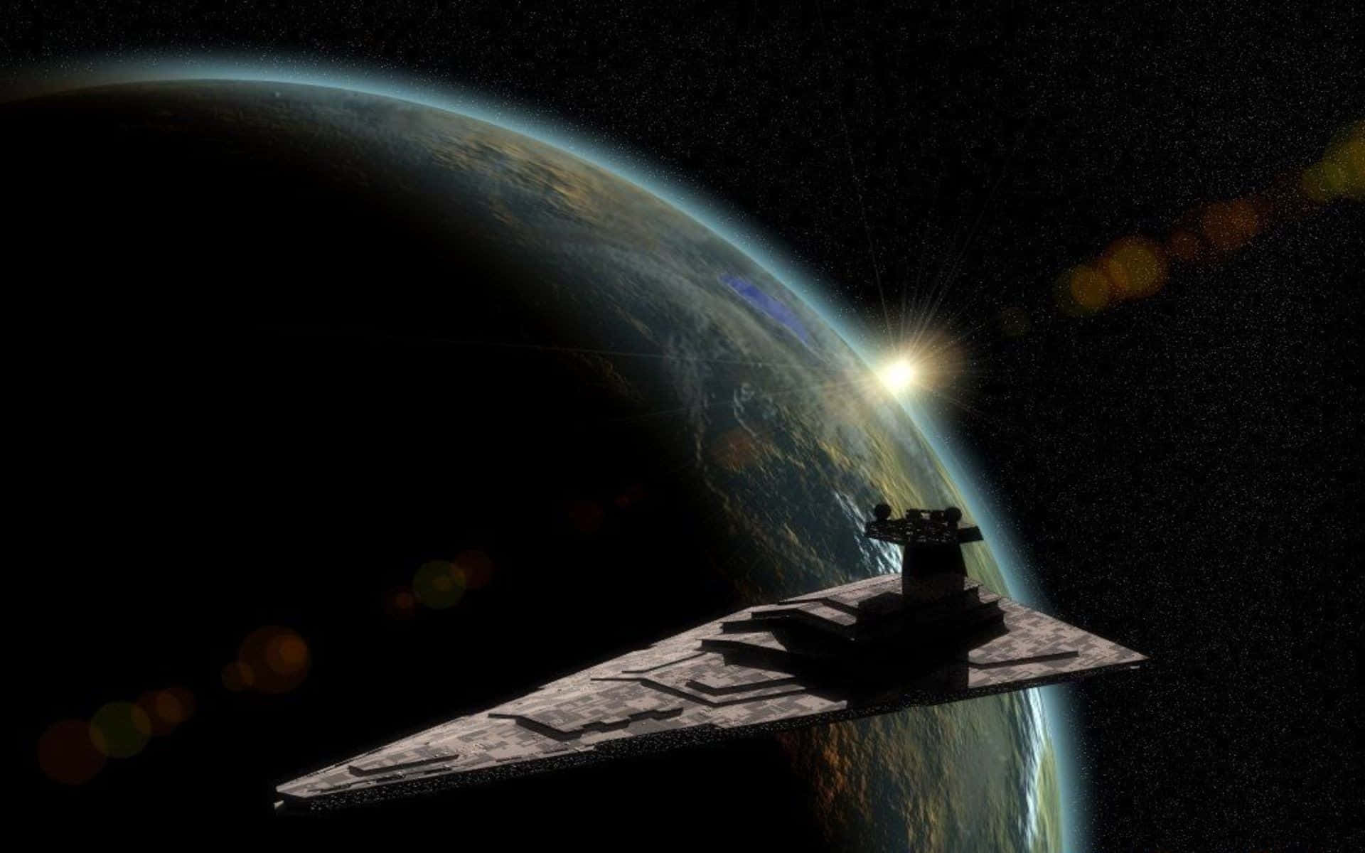  壁紙 — 一艘星際毀滅者滑過一顆行星，其地平線上升起一顆發光的太陽，背景是繁星點點的虛空。