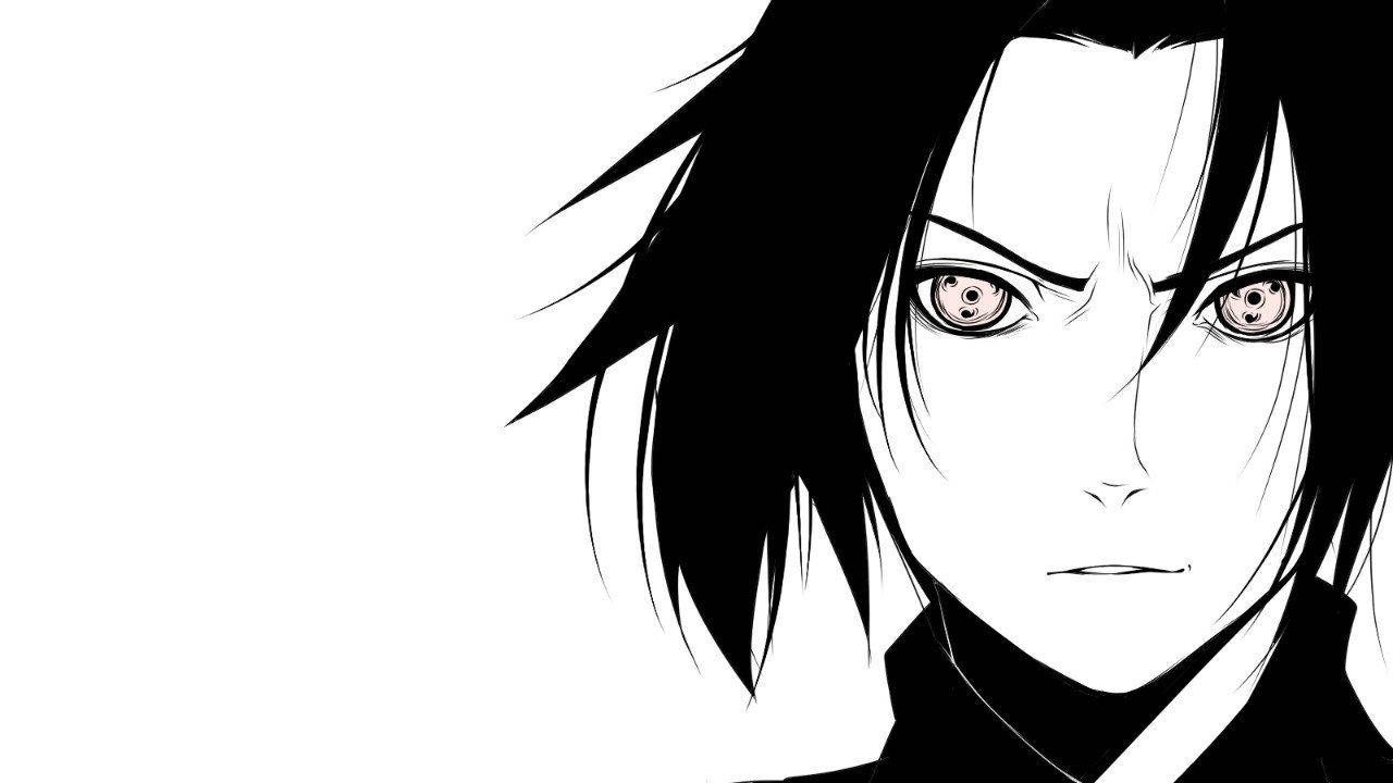 黑白動畫角色，眼神銳利，頭髮豎起。 — Sasuke 壁紙