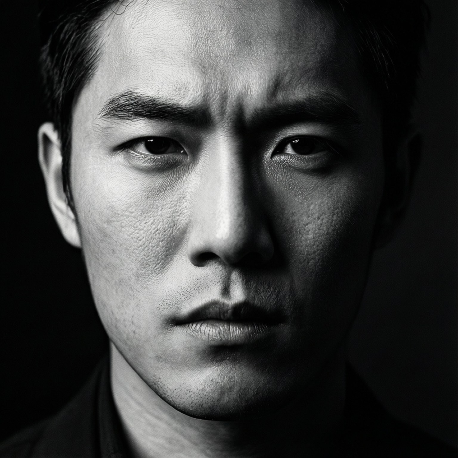 Monochrome Intensity 壁紙 — 一個強烈的黑白特寫肖像，一個男人眼神銳利，眉頭緊鎖，背景陰暗。