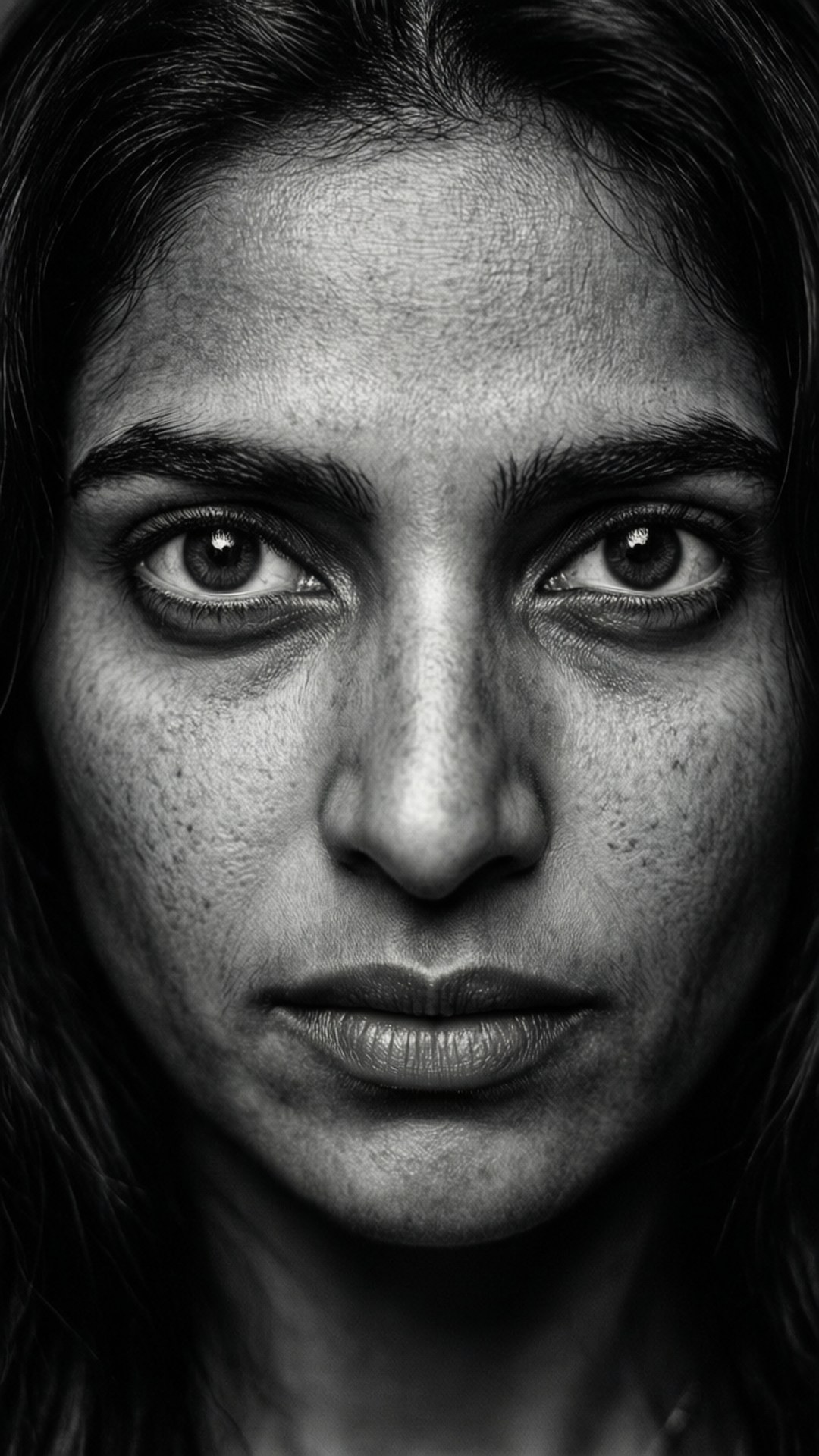Intense Gaze 壁紙 — 一張強烈的黑白特寫肖像，捕捉一位擁有深邃眼神和紋理肌膚的女性，直視觀者。