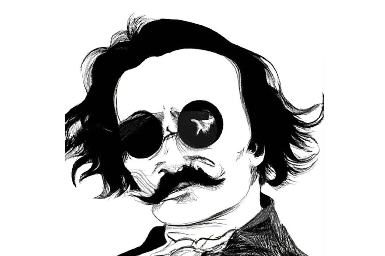  壁紙 — 一幅鮮明的黑白插圖，描繪一個頭髮蓬亂、留鬍子的男人戴著單片眼鏡，其中一隻眼睛顯示一隻鳥在飛翔。