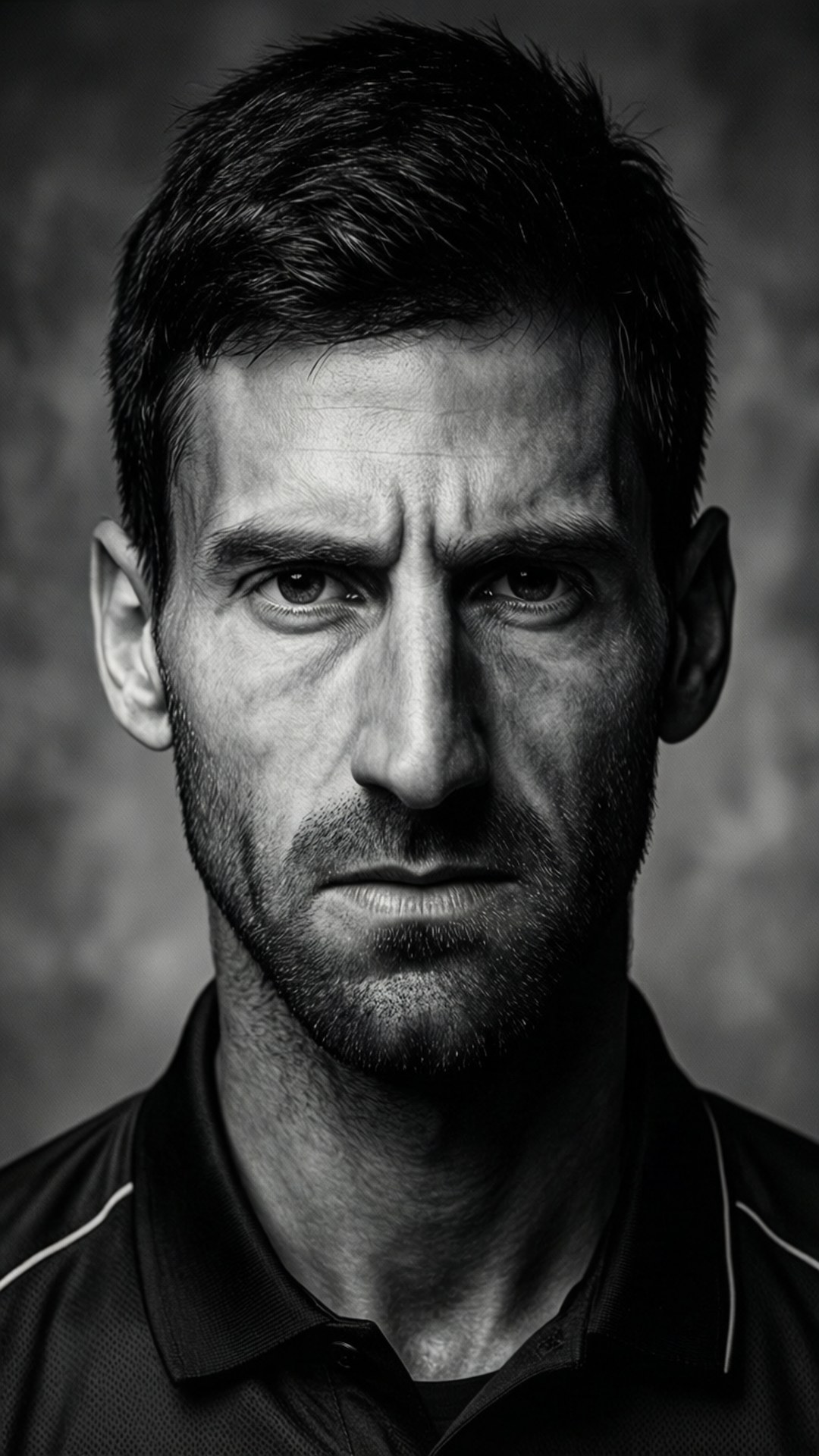 High Contrast Portrait 壁紙 — 一個強烈的黑白肖像，一個眼神銳利、表情嚴肅的男人，背景是帶有紋理的灰色。