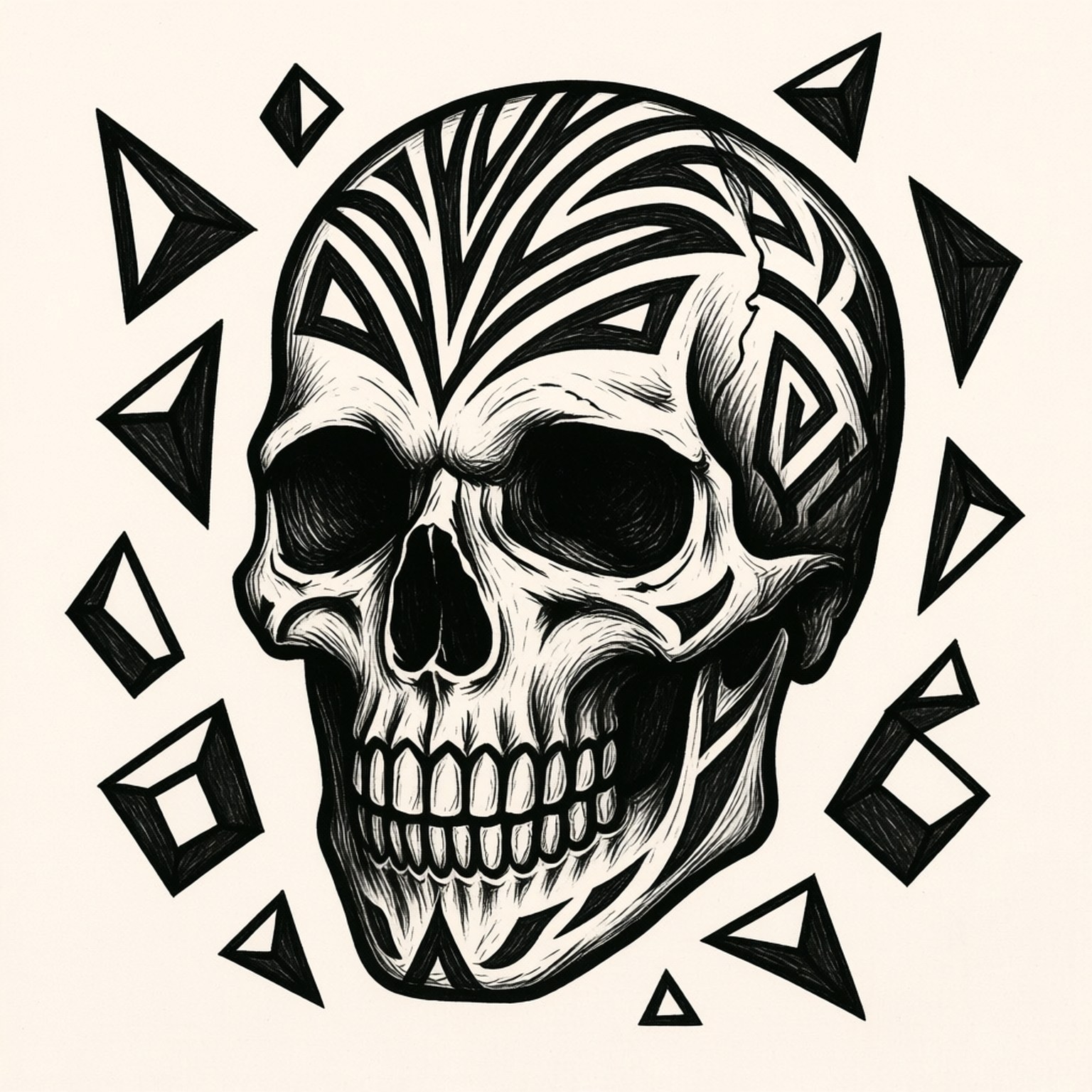 Tribal Skull Cool Drawing 壁紙 — 一個醒目的黑白骷髏頭，飾有複雜的幾何部落圖案，周圍環繞著漂浮的三角形。