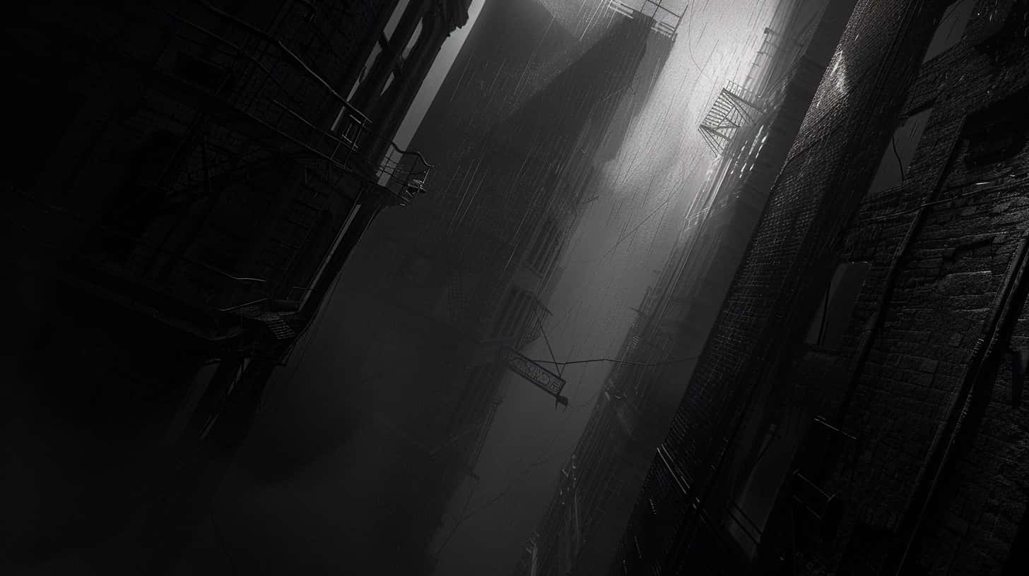  壁紙 — 陰沉天空下，高聳磚造建築之間一條被雨水浸濕的城市小巷的鮮明黑白景觀。