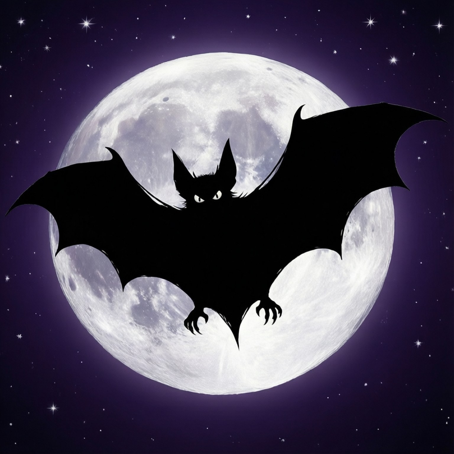 Bat and Moon 壁紙 — 一隻鮮明的黑色蝙蝠剪影在繁星點點的紫色夜空下，對著明亮的滿月翱翔。