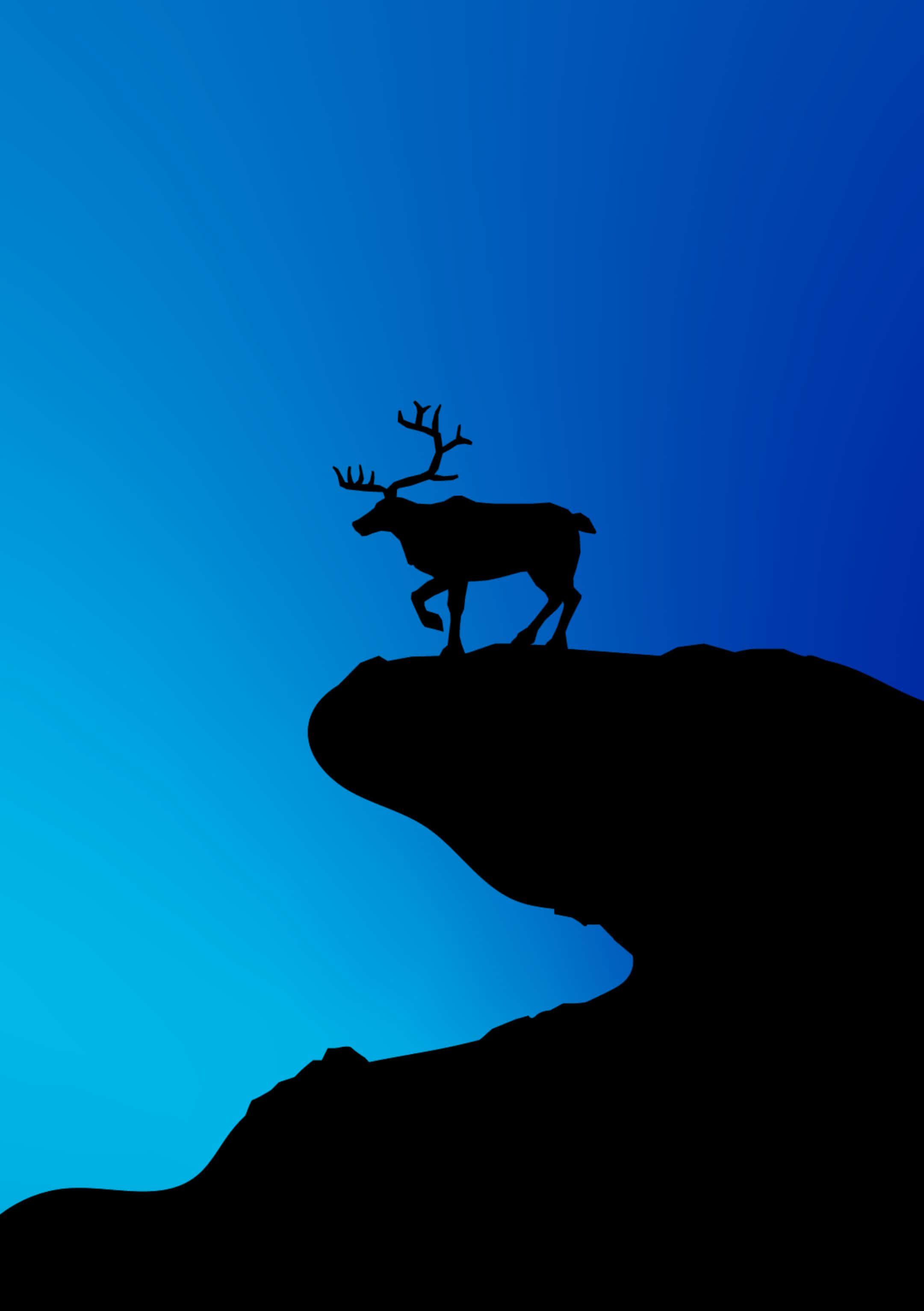 Minimalist Animal 桌布 壁紙 — 一隻帶有鹿角的雄鹿的鮮明黑色剪影，站在懸崖上，背景是漸變的藍天。