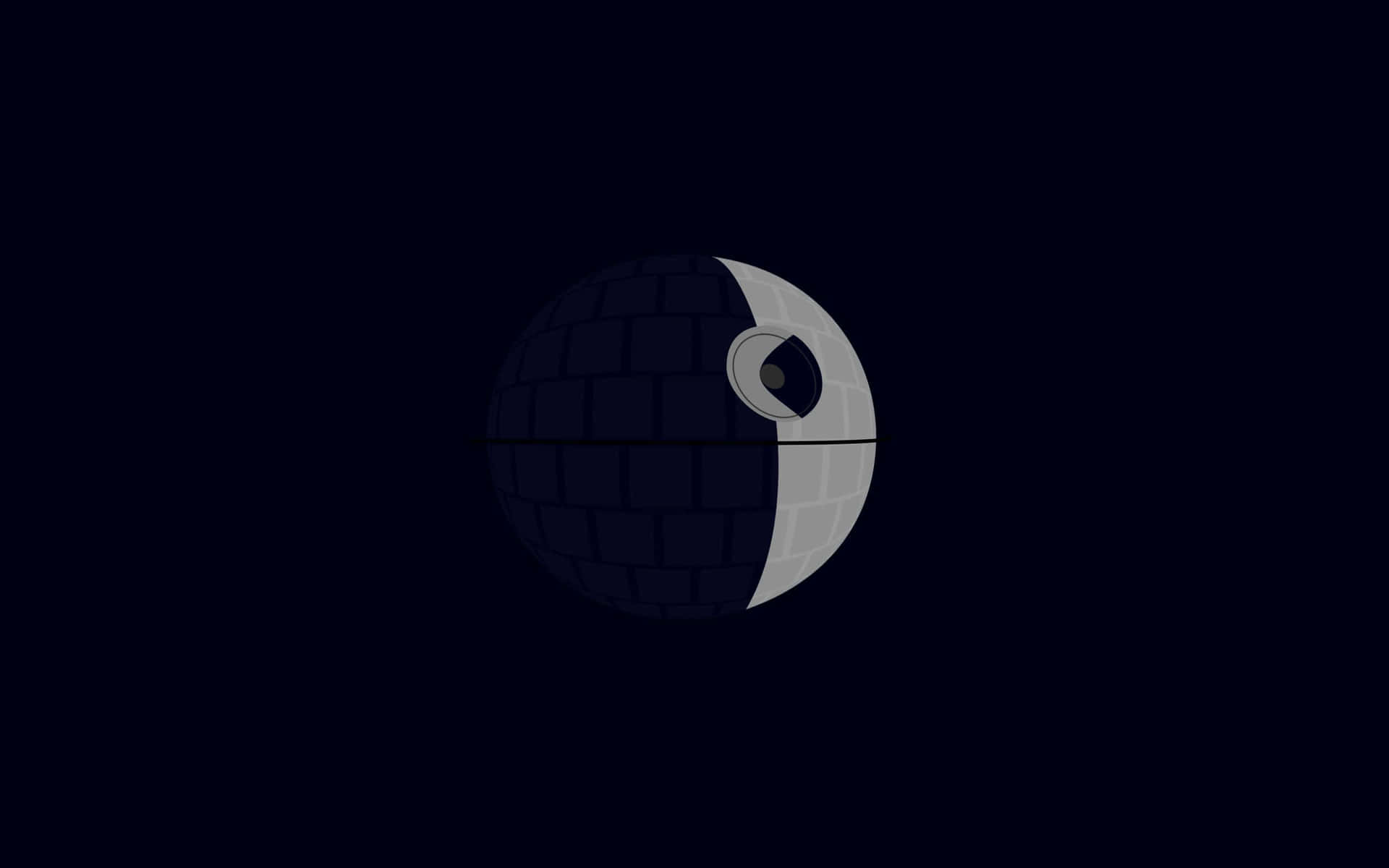  壁紙 — 來自《星際大戰》的簡潔死星在深邃太空中漂浮，背景是黑色虛空，並有一道發光的超級雷射。