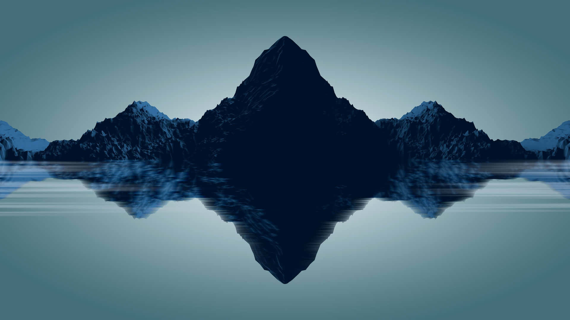  壁紙 — 一座陡峭的山峰及其完美的倒影在漸變天空下平靜的藍色水面上閃爍。