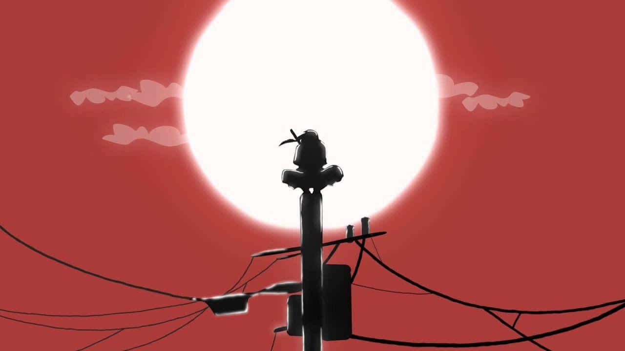 壁紙 — 一根電線桿的鮮明剪影，帶有電線，映襯著發光的紅色天空和明亮的白色太陽。