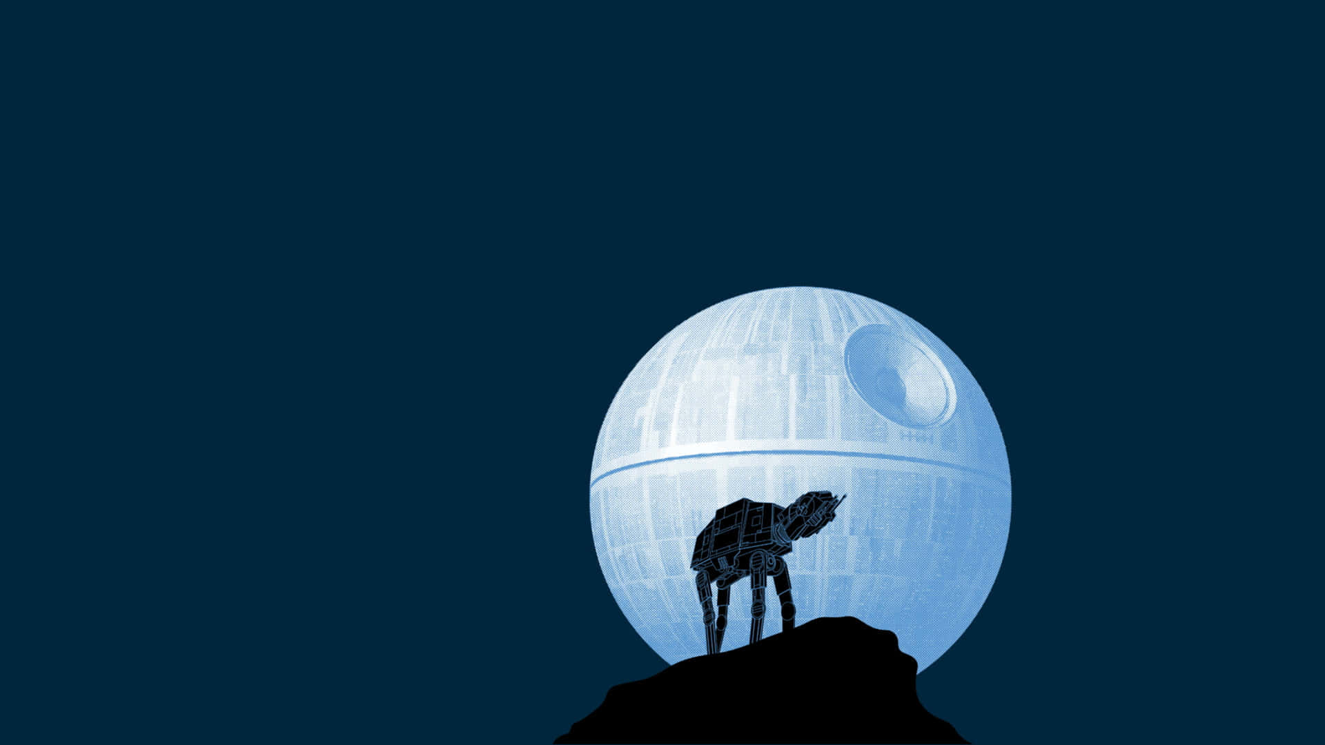  壁紙 — AT-AT 步行機的鮮明剪影矗立在岩石露頭上，背景是發光的藍色死星。