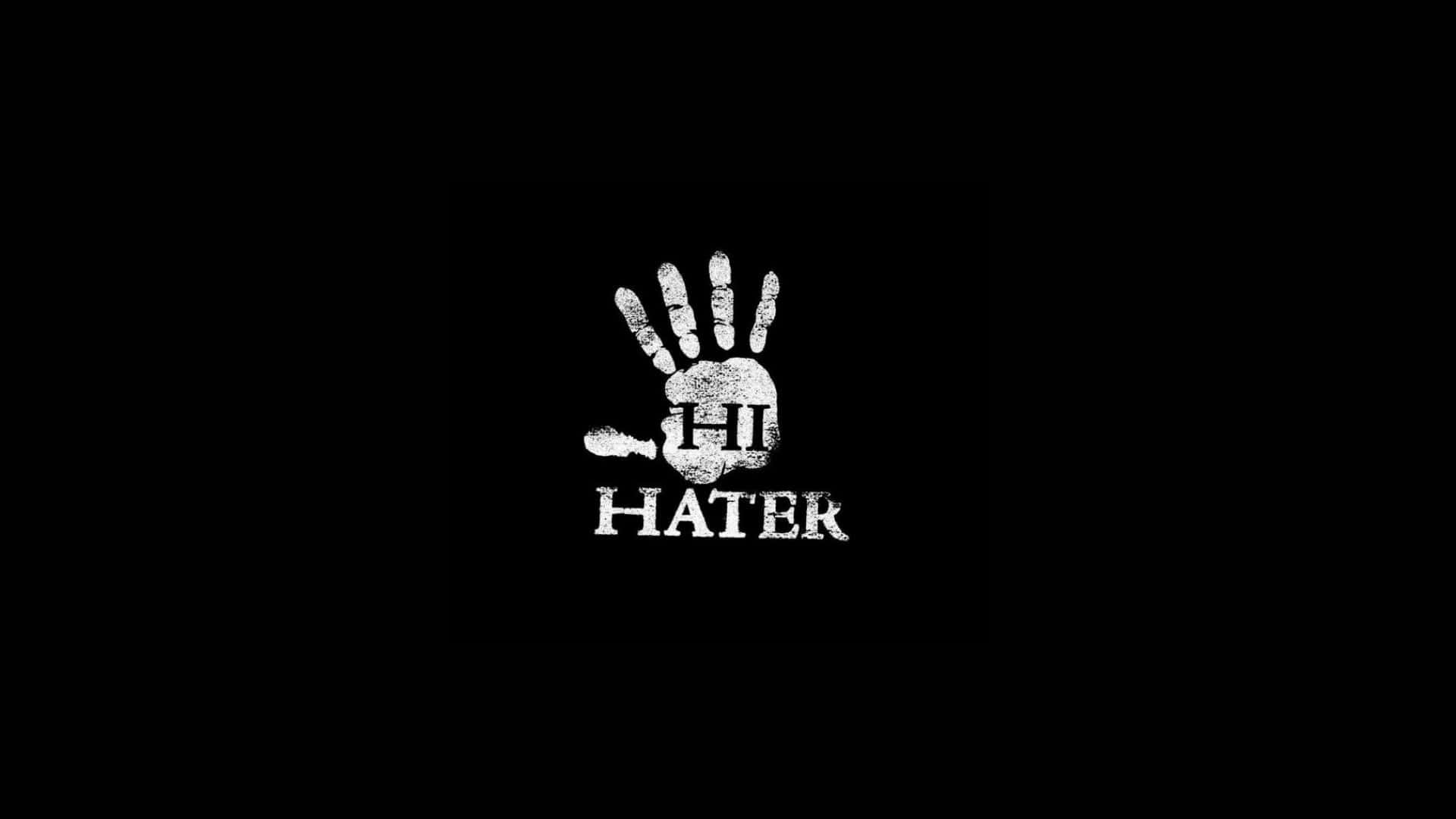  壁紙 — 一個鮮明的白色手印標誌，上面有「HI HATER」文字，背景為黑色。