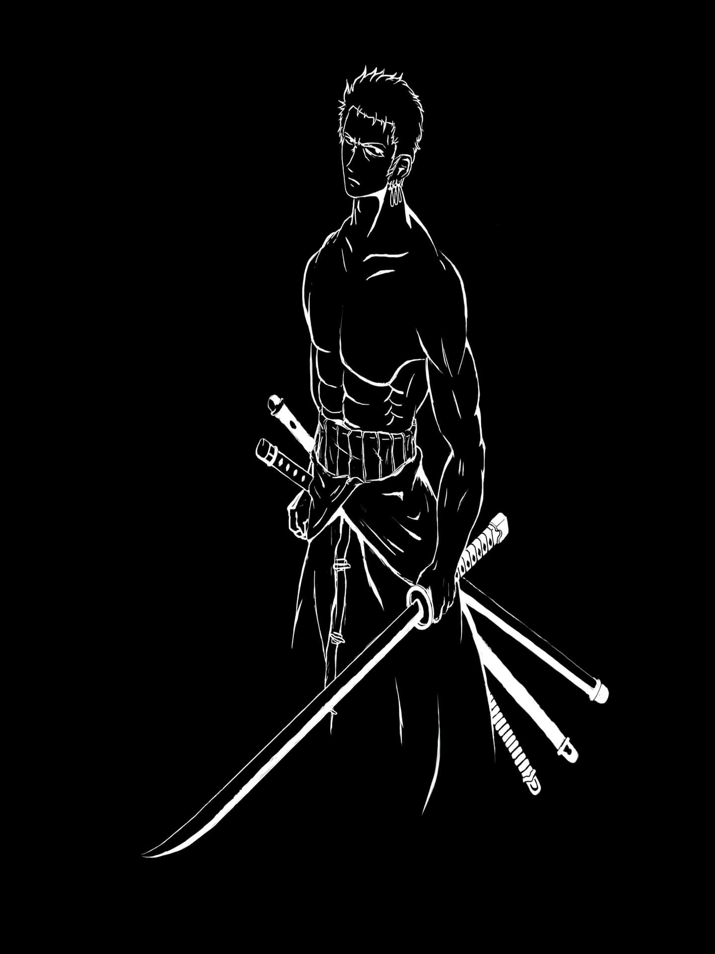  壁紙 — 一幅鮮明的白色線條藝術插圖，描繪一位肌肉發達的劍士在黑色背景上手持多把刀。