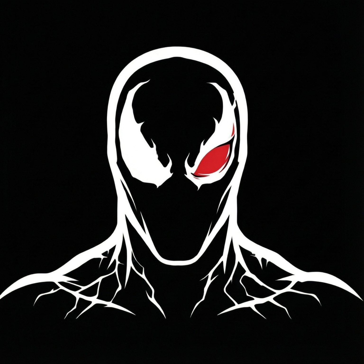 Minimalist Anti-Venom 壁紙 — 一個帶有單一發光紅色眼睛的威脅性外星共生體的鮮明白色剪影，背景為黑色。