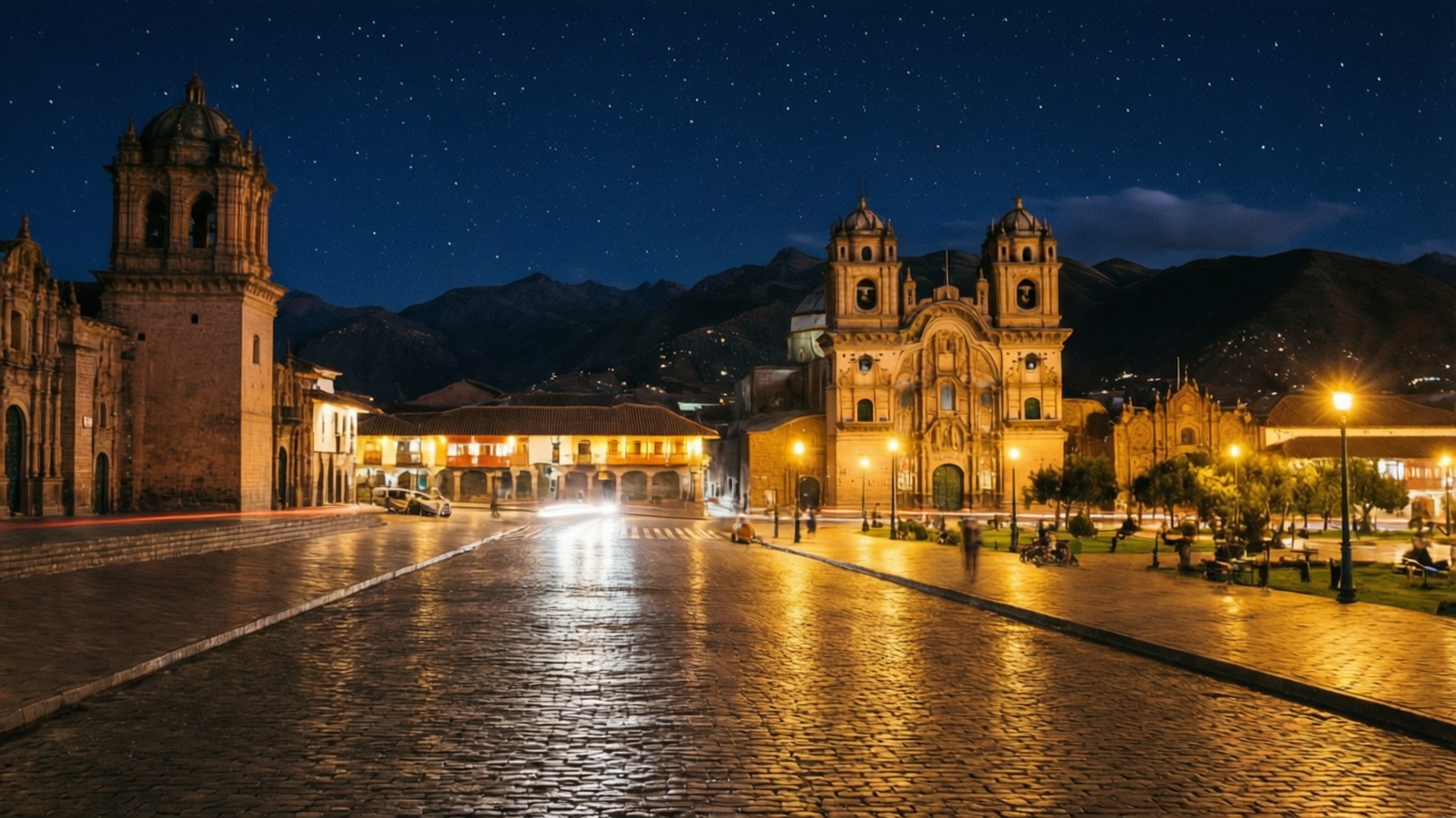 Cusco Night Lights 壁紙 — 一個星光燦爛的夜晚場景，鵝卵石廣場被溫暖的路燈照亮，歷史悠久的教堂和遠處的山脈在深藍色的天空下。
