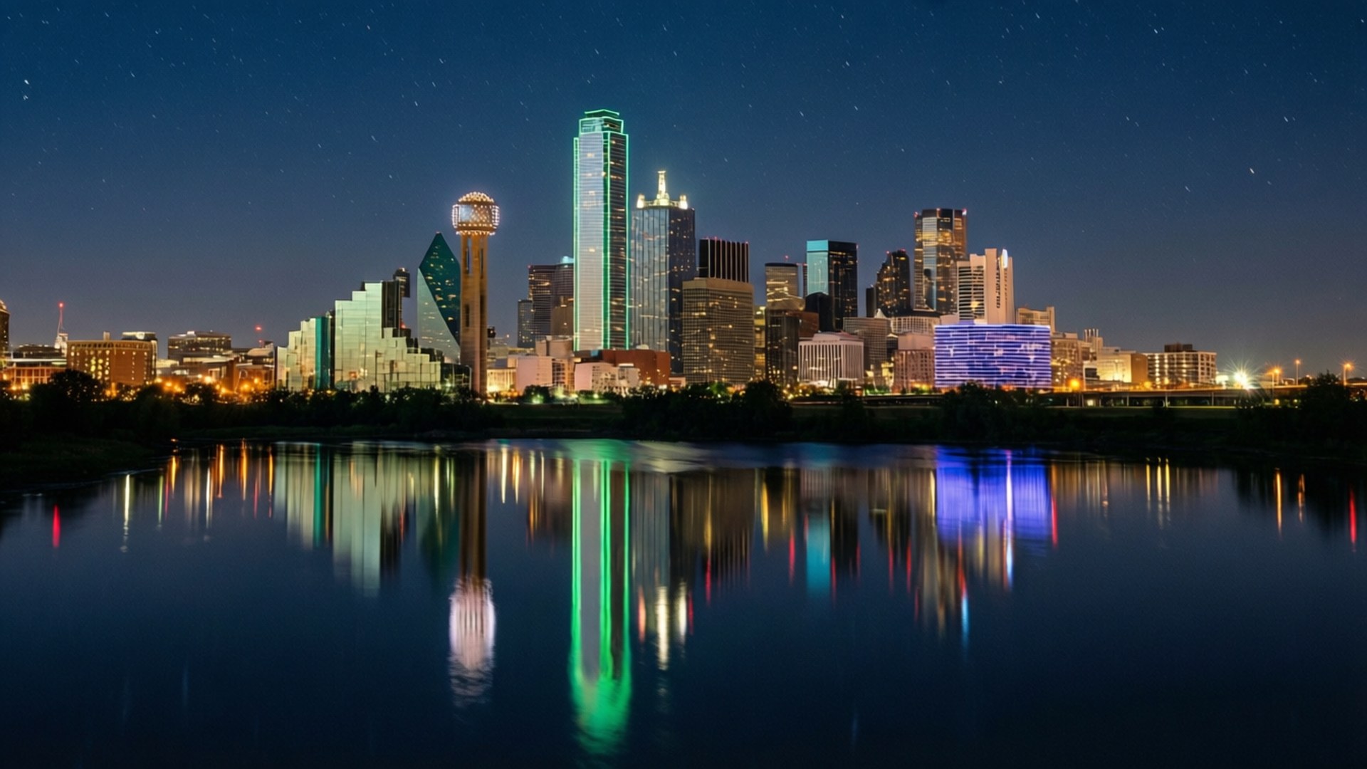 Dallas Night Skyline 壁紙 — 星空下的夜景城市景觀，燈火通明的摩天大樓倒映在下方平靜的水面上。