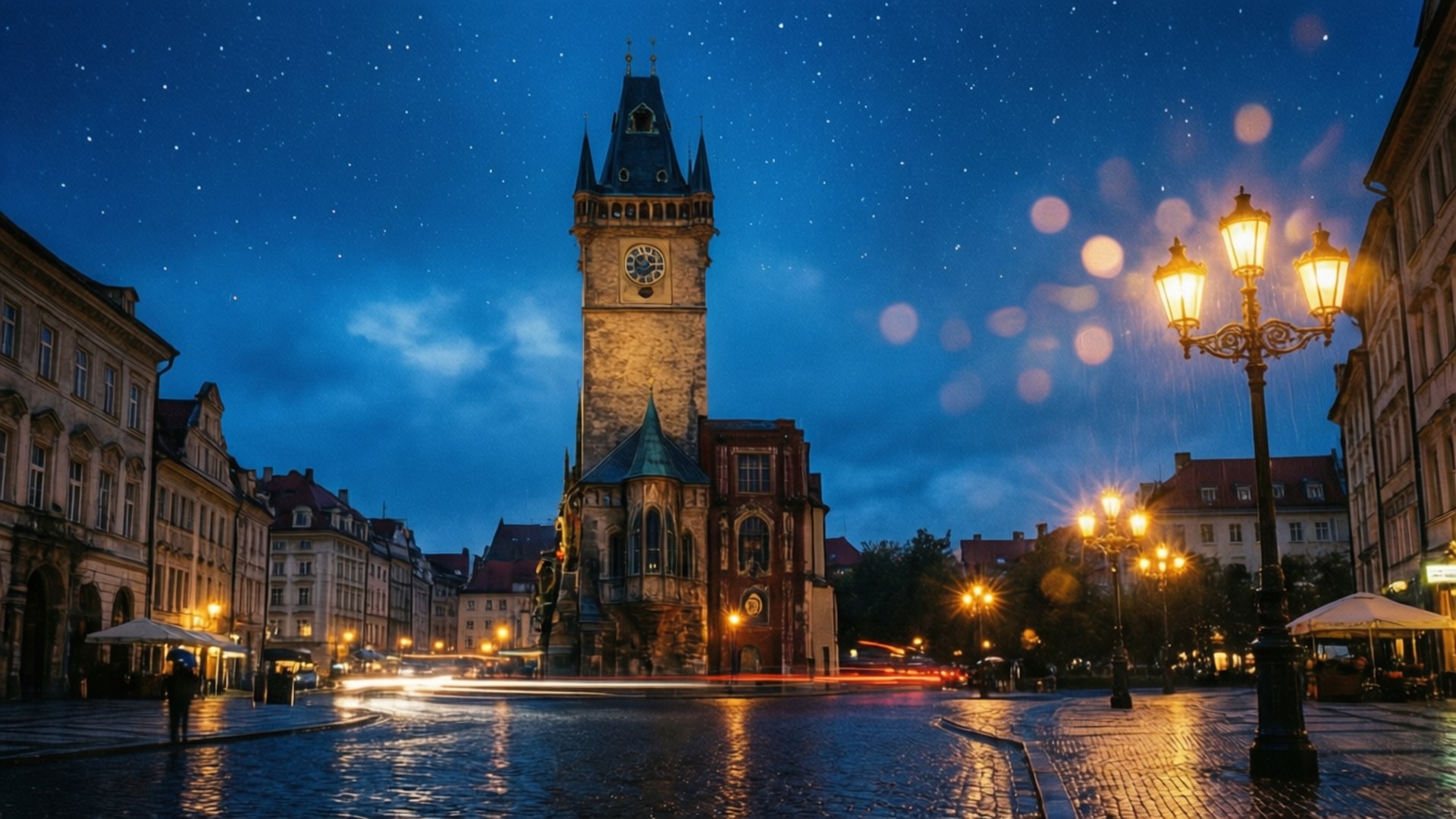 Clock Tower Blue Hour 壁紙 — 布拉格舊城廣場上空的星空之夜，天文鐘塔在復古街燈下閃耀，濕漉漉的鵝卵石反射著光跡。