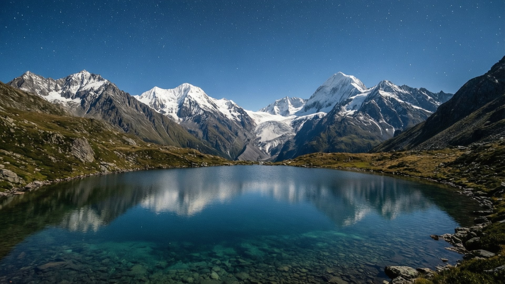 Mountain Lake Night 壁紙 — 星空夜空映照在寧靜的高山湖泊上，周圍是白雪覆蓋的山脈和岩石海岸。