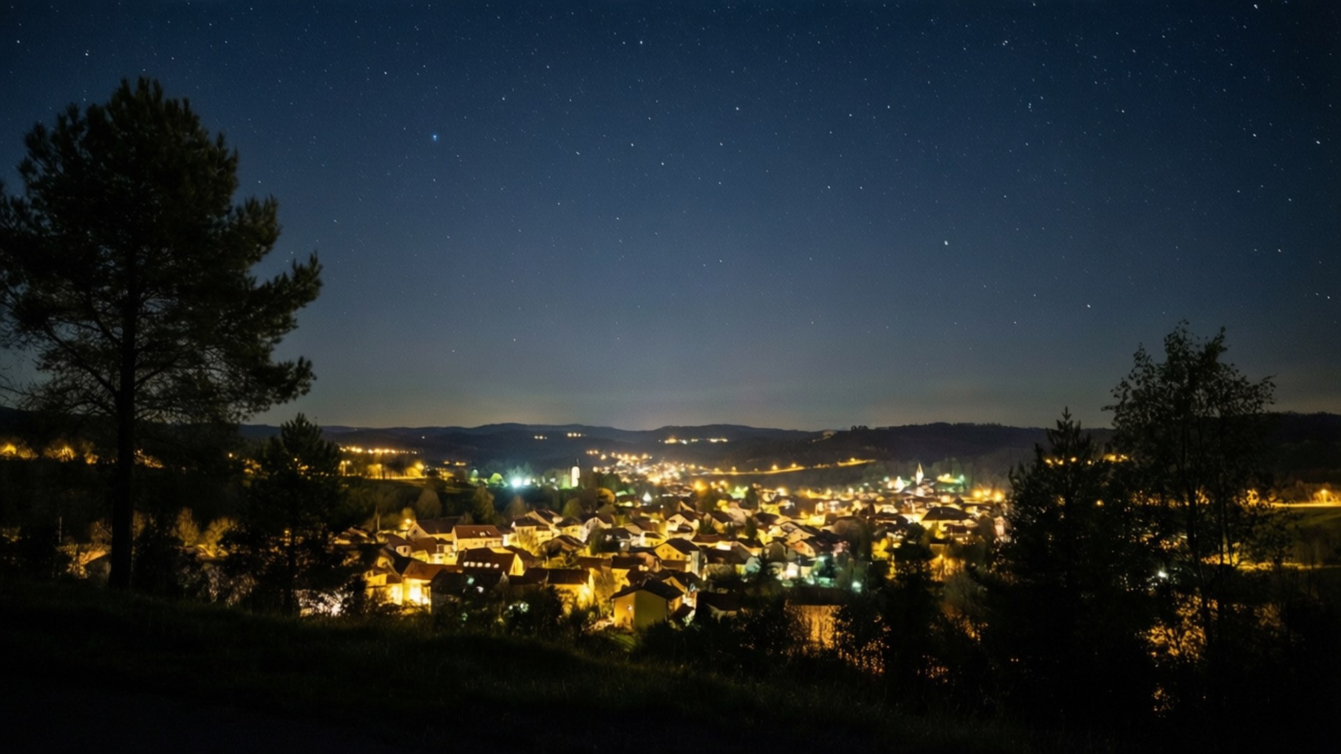 Hill Town Night Lights Outlook 壁紙 — 星空下的夜空俯瞰著一個舒適的村莊，坐落在山丘中，房屋散發出溫暖的光芒。