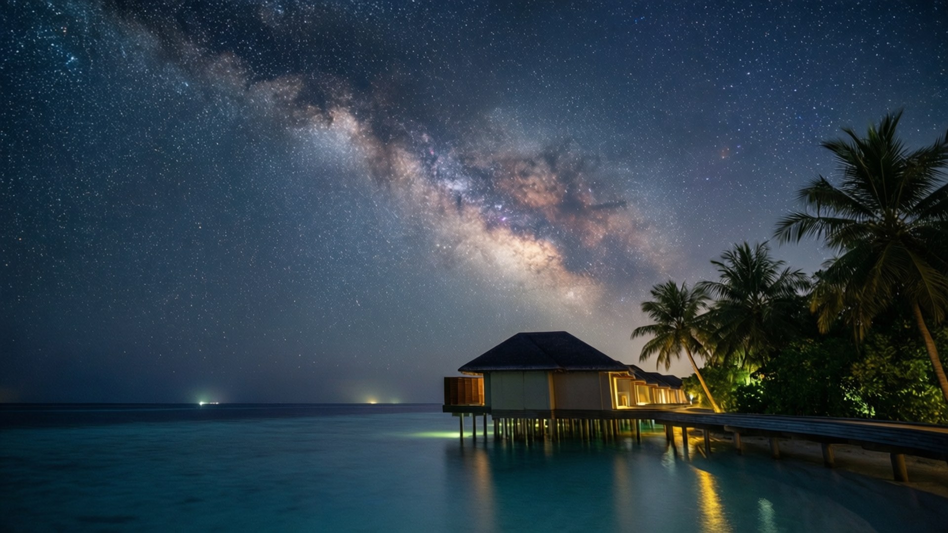 Starry Night Villa 壁紙 — 繁星點點的夜空，銀河拱起在發光的水上平房上方，周圍環繞著棕櫚樹。