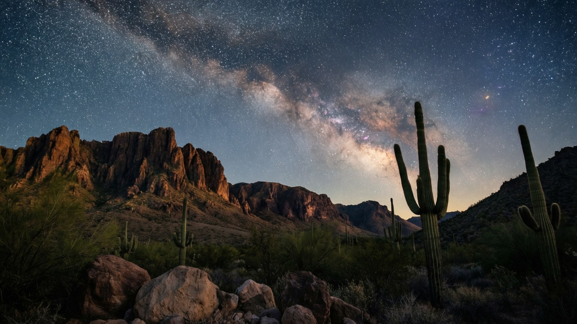 Big Bend Starry Night 壁紙 — 繁星點點的夜空，銀河在崎嶇的沙漠山脈和高大的薩瓜羅仙人掌上方拱起。