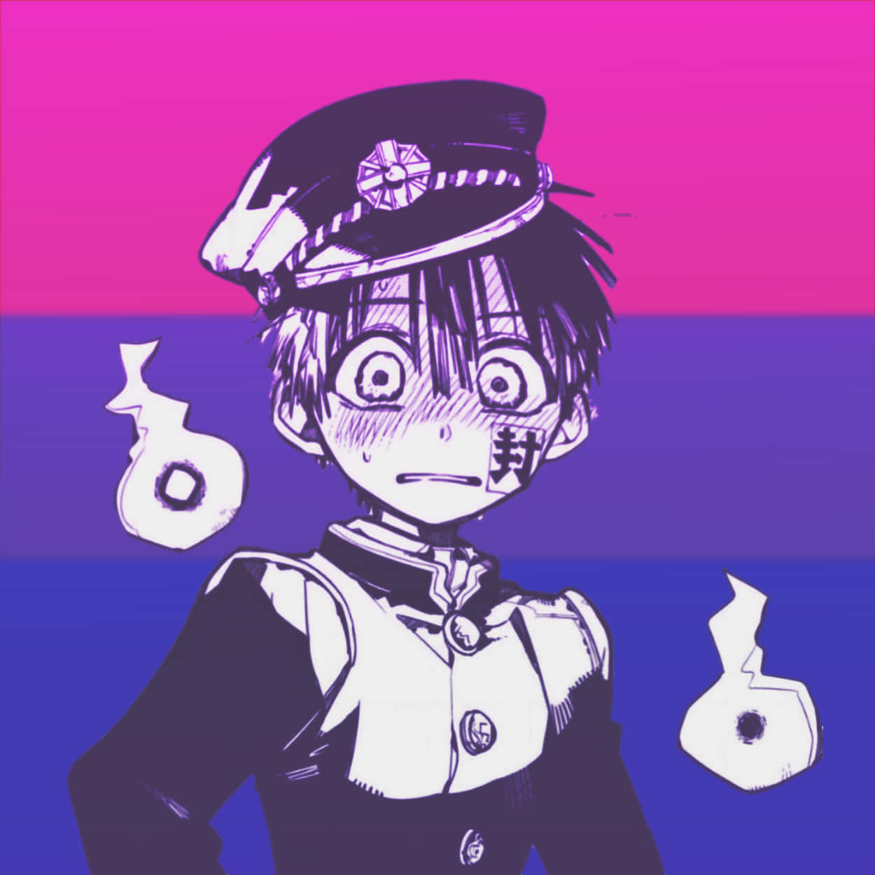  壁紙 — 一個受驚的動畫男孩穿著制服，臉頰上有印章，站在充滿活力的粉紅和紫色漸變背景前。