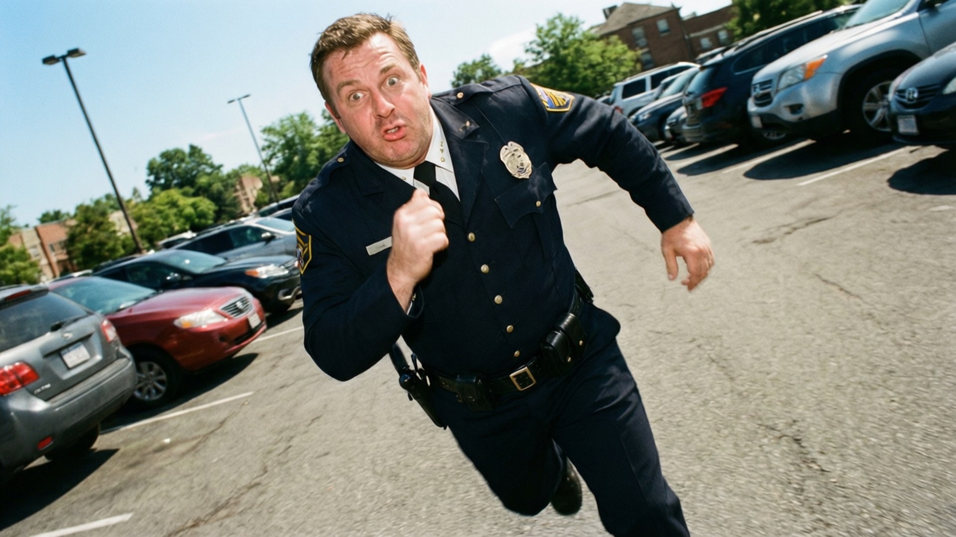 reno 911 桌布 壁紙 — 一名受驚的制服警察在陽光普照的停車場上疾跑，背景有汽車和樹木。
